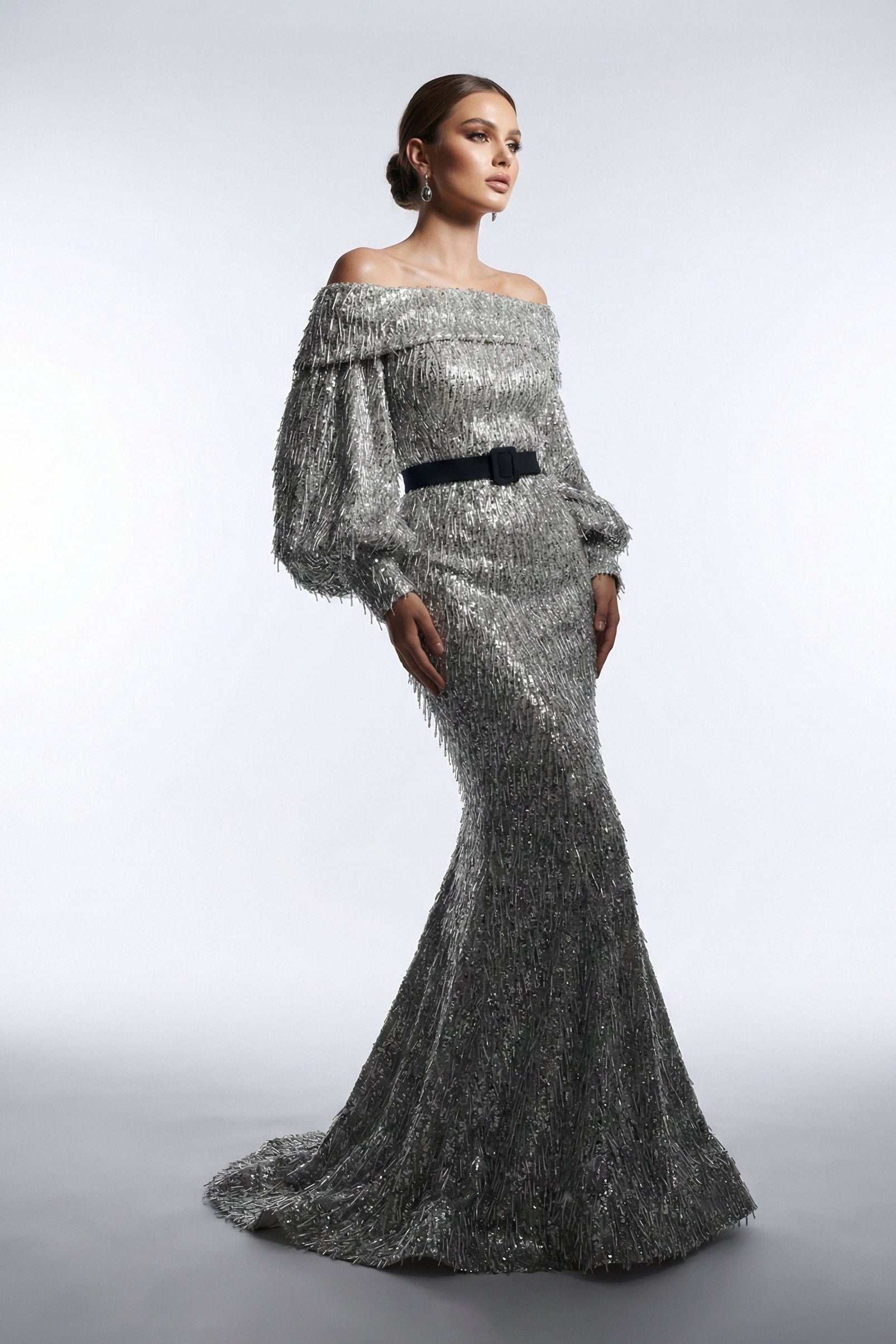 Fouad Sarkis F02752A Gold Off-Shoulder Voluminous Sleeve Gown