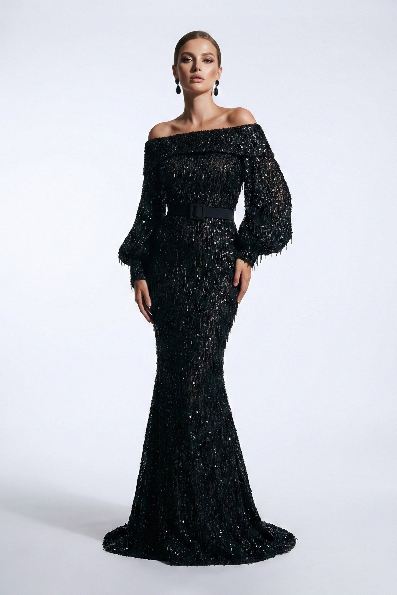 Fouad Sarkis F02752A Gold Off-Shoulder Voluminous Sleeve Gown
