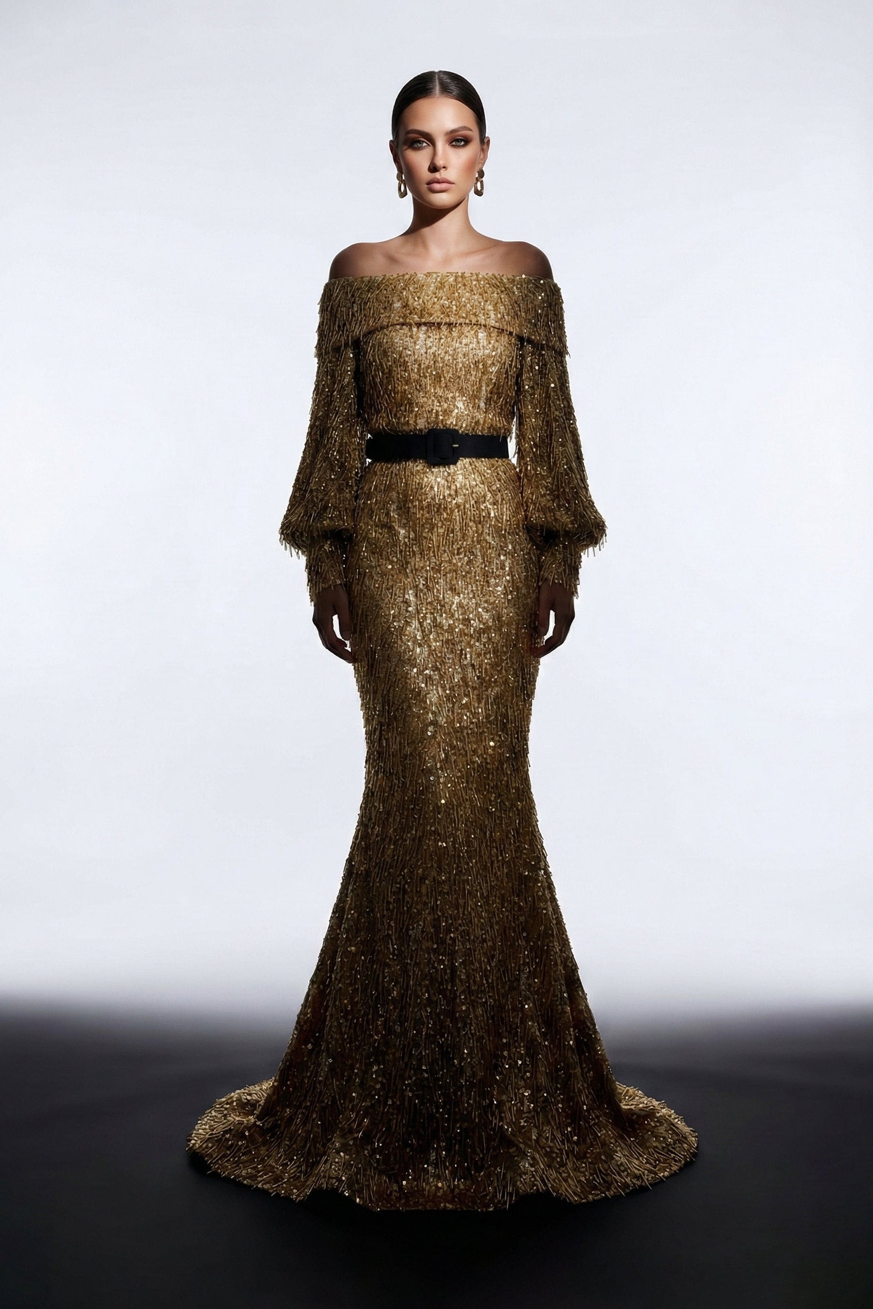 Fouad Sarkis F02752A Gold Off-Shoulder Voluminous Sleeve Gown