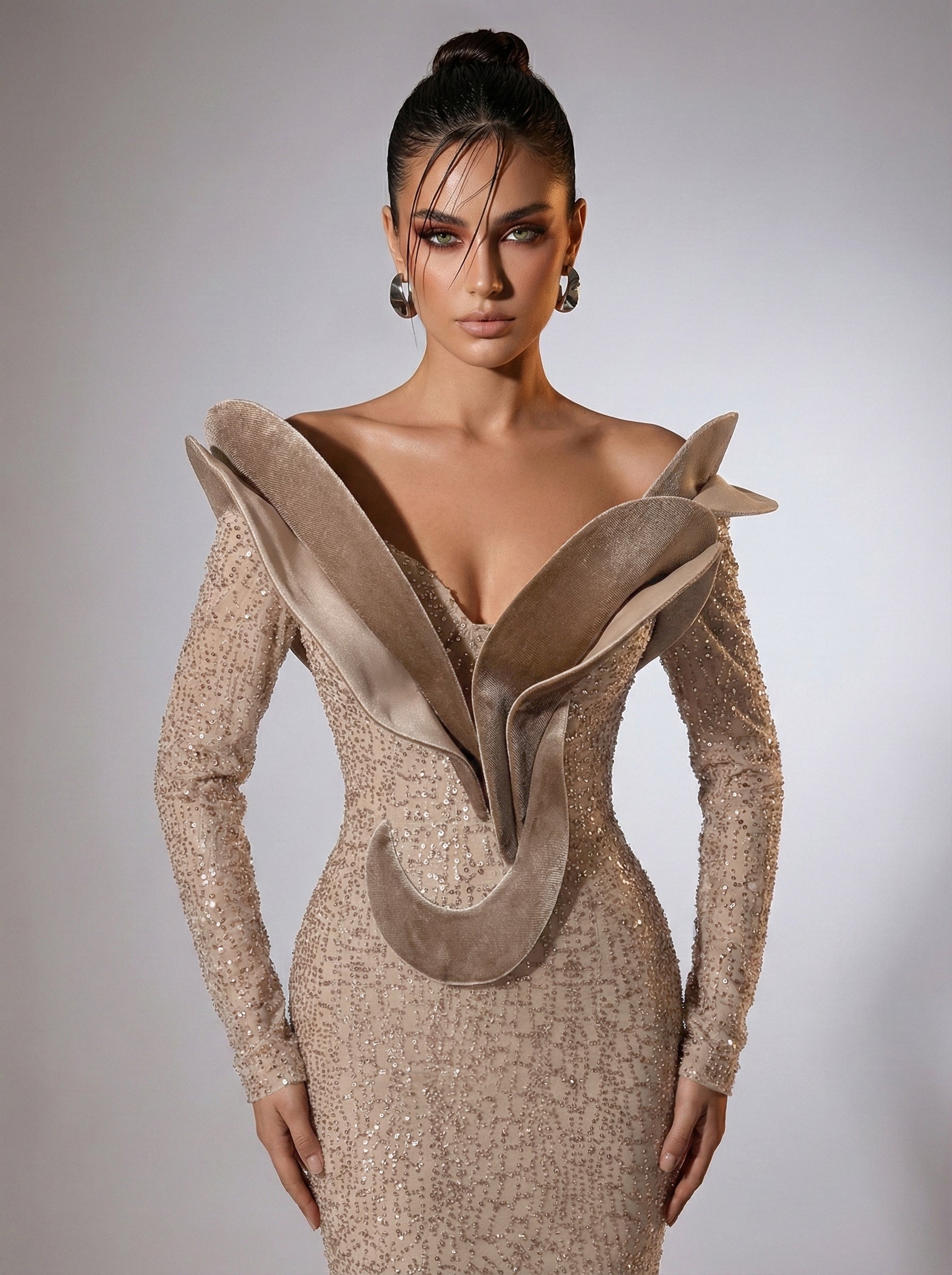 Fouad Sarkis F02896A Gold Sequin Ruffle Mermaid Gown