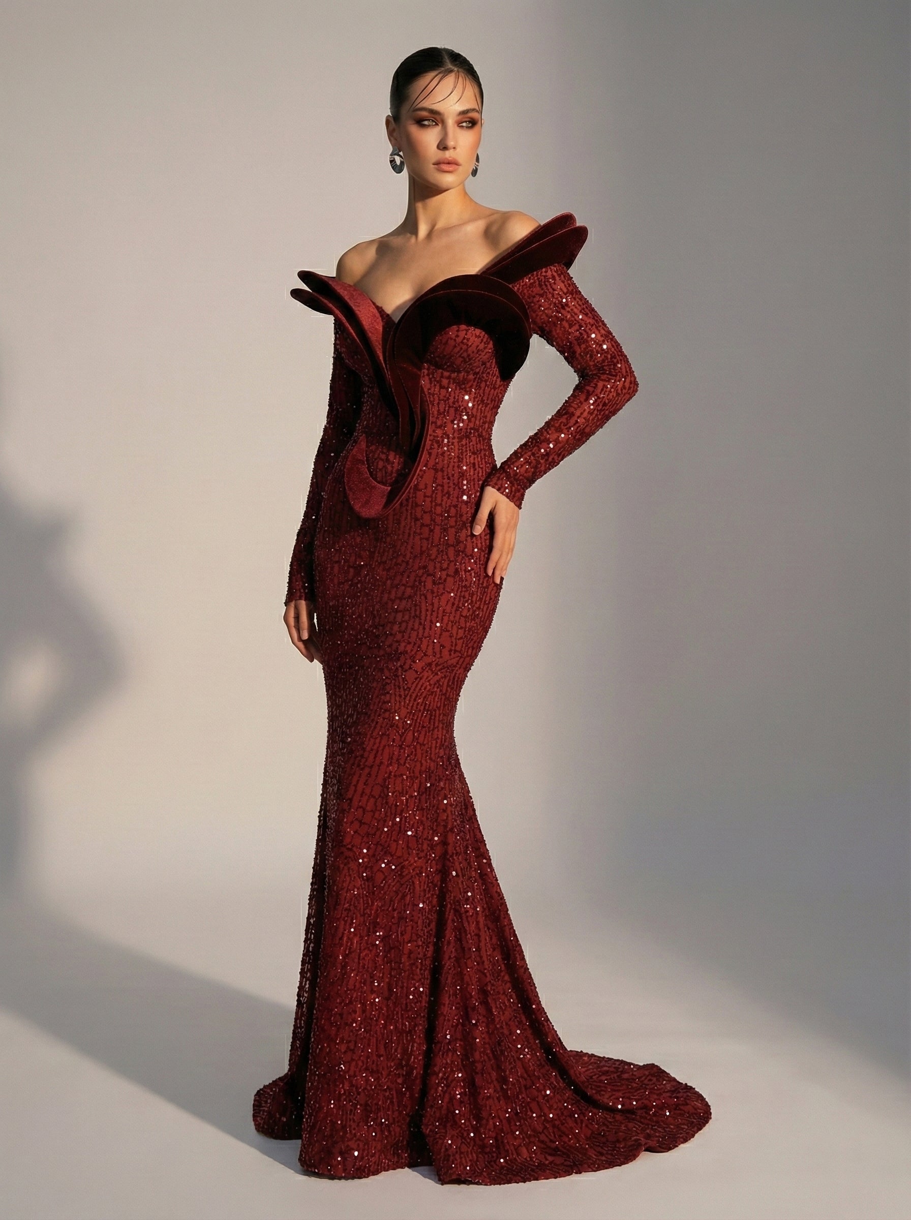 Fouad Sarkis F02896A Gold Sequin Ruffle Mermaid Gown