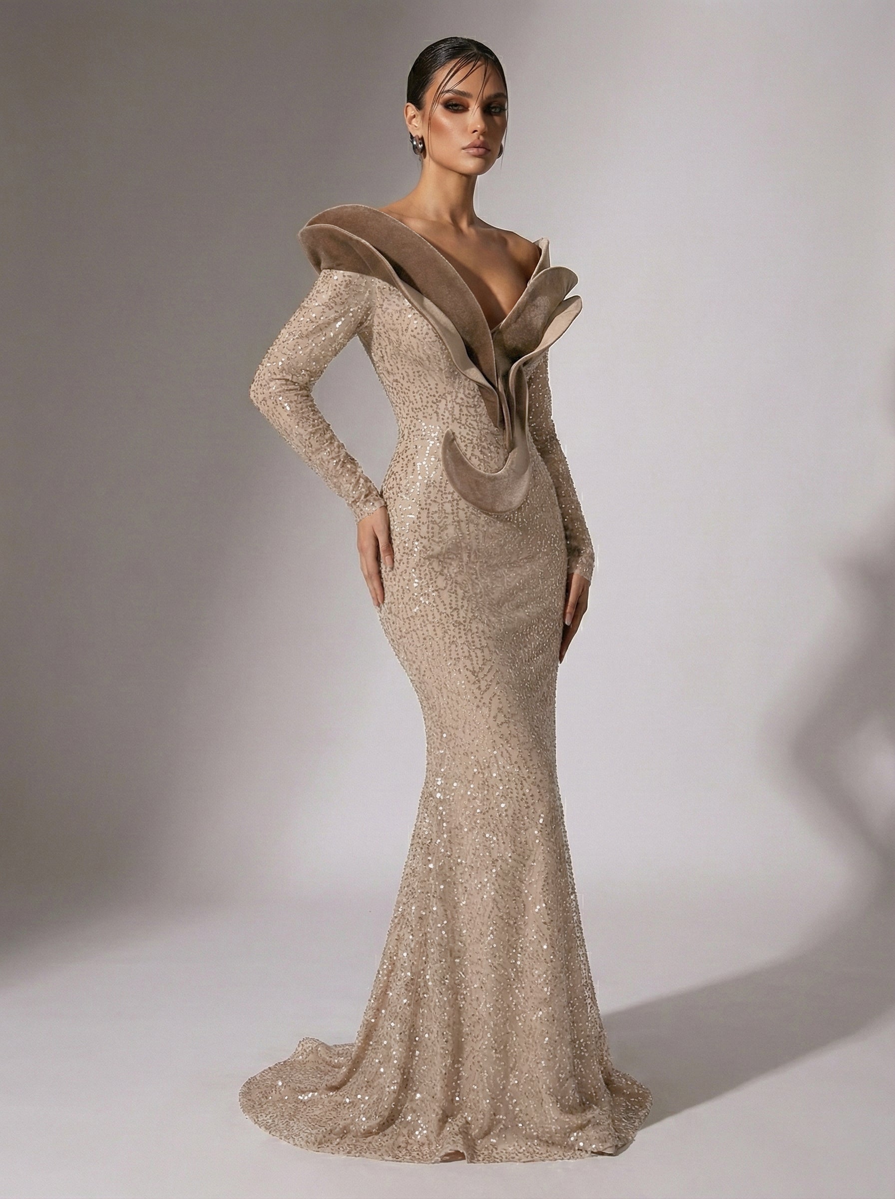 Fouad Sarkis F02896A Gold Sequin Ruffle Mermaid Gown