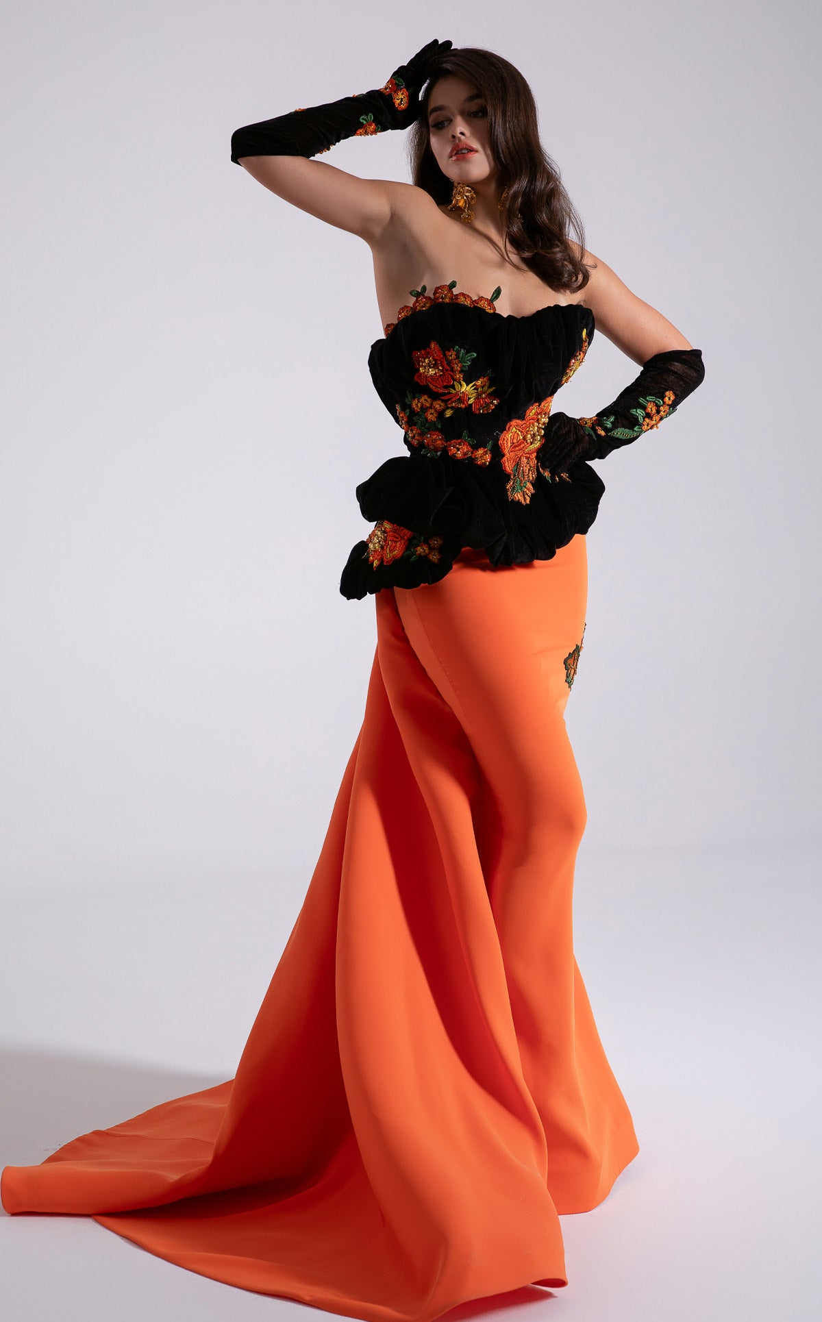 Fouad Sarkis F02902 Strapless Velvet Corset Gown with Orange Crepe Skirt