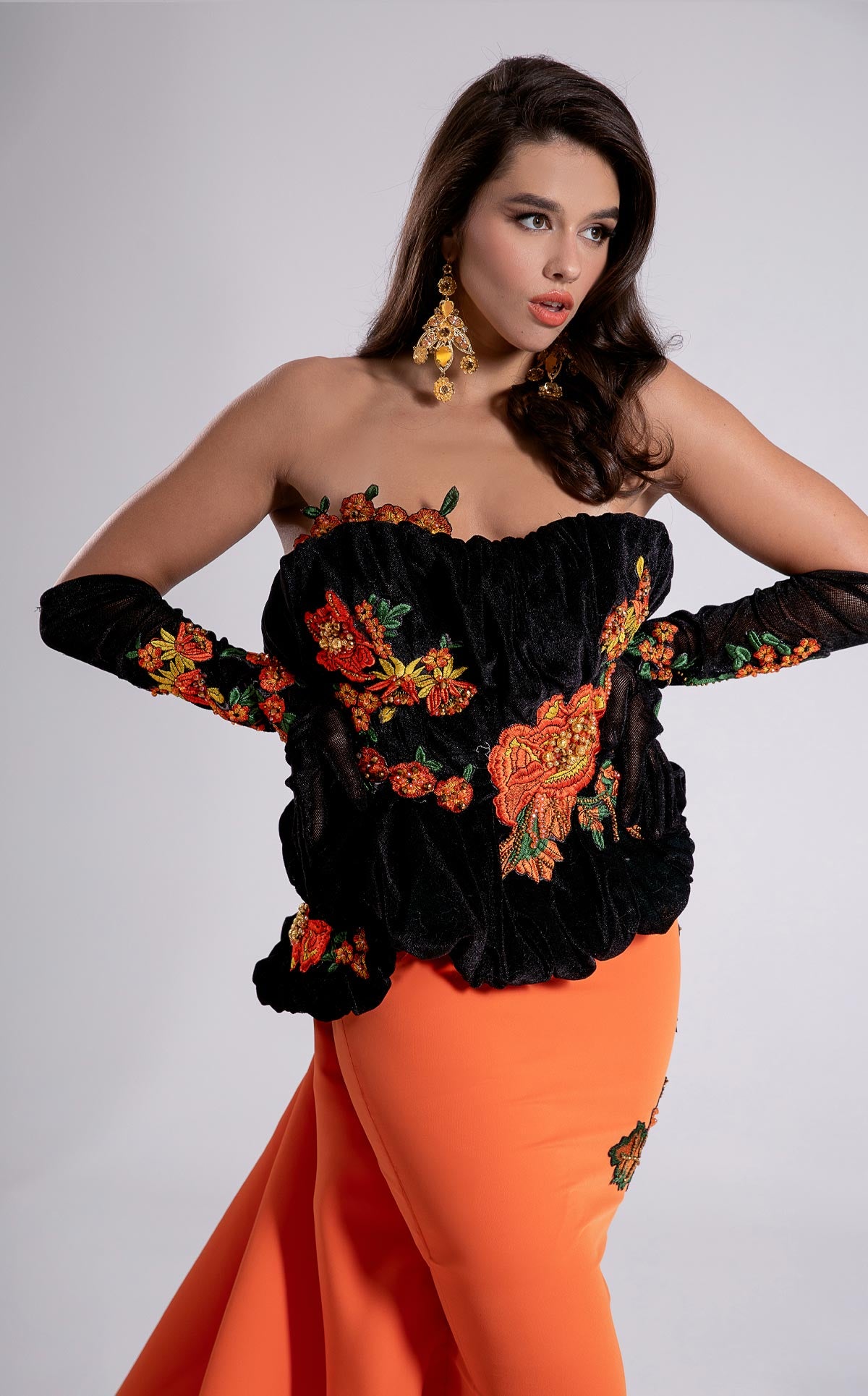 Fouad Sarkis F02902 Strapless Velvet Corset Gown with Orange Crepe Skirt