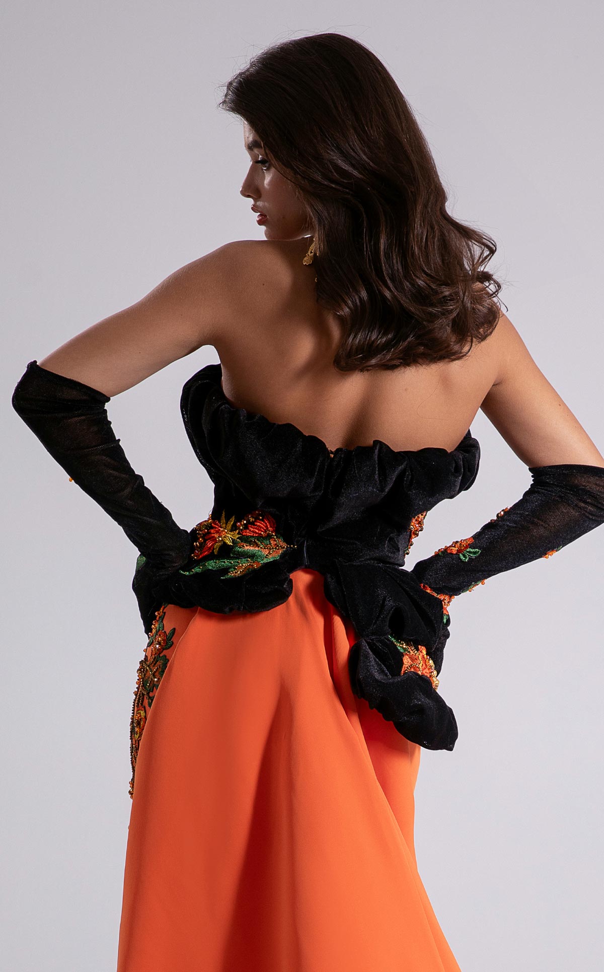 Fouad Sarkis F02902 Strapless Velvet Corset Gown with Orange Crepe Skirt
