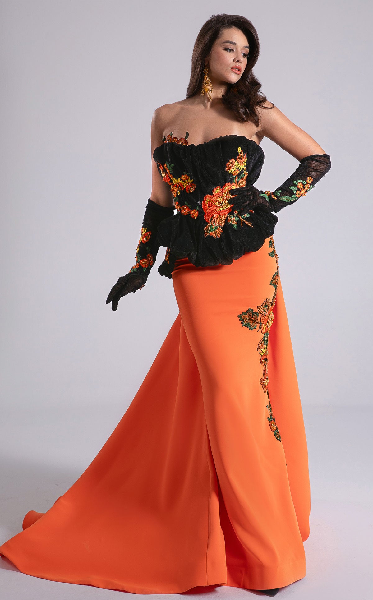 Fouad Sarkis F02902 Strapless Velvet Corset Gown with Orange Crepe Skirt