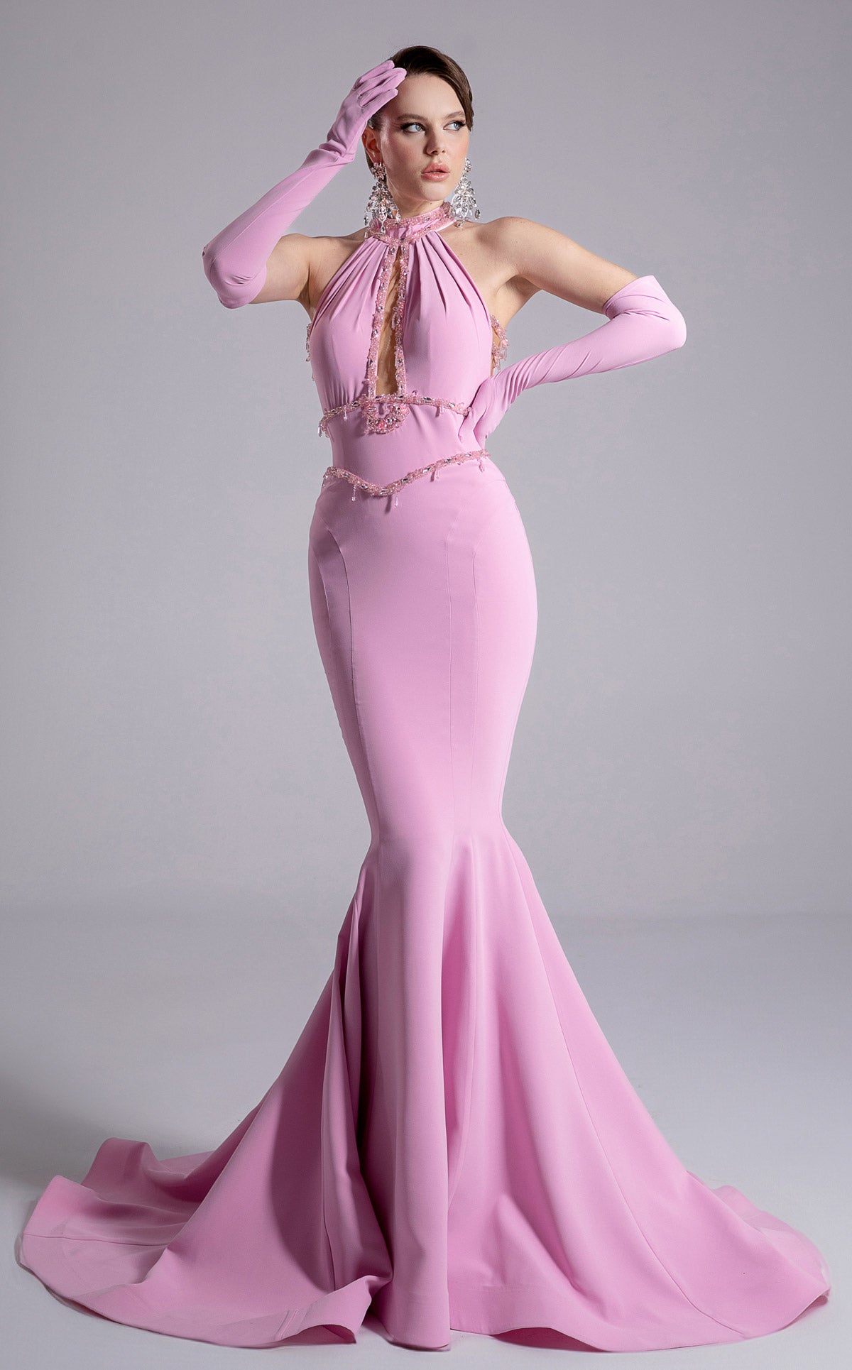 Fouad Sarkis F02903 Blush Pink Halter Mermaid Gown with Crystal Detail