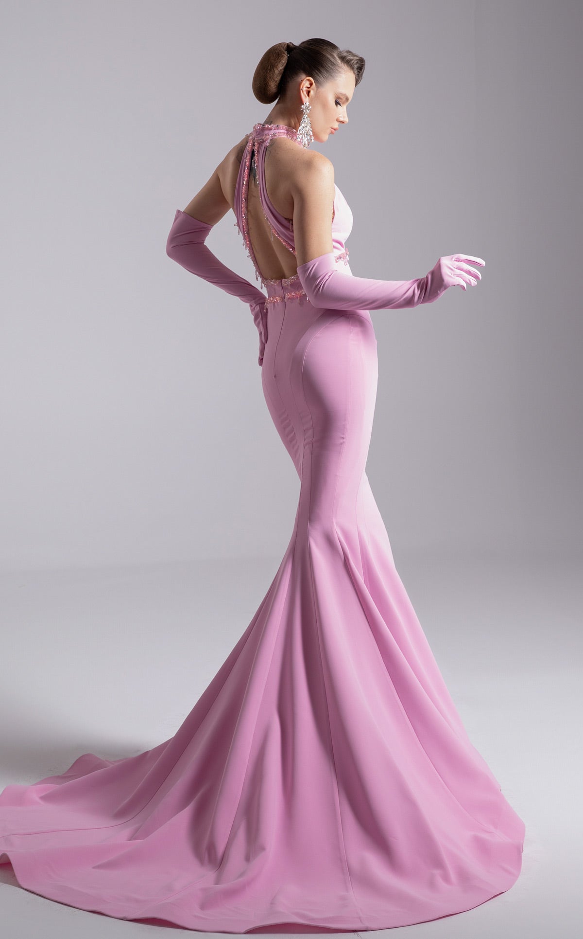 Fouad Sarkis F02903 Blush Pink Halter Mermaid Gown with Crystal Detail