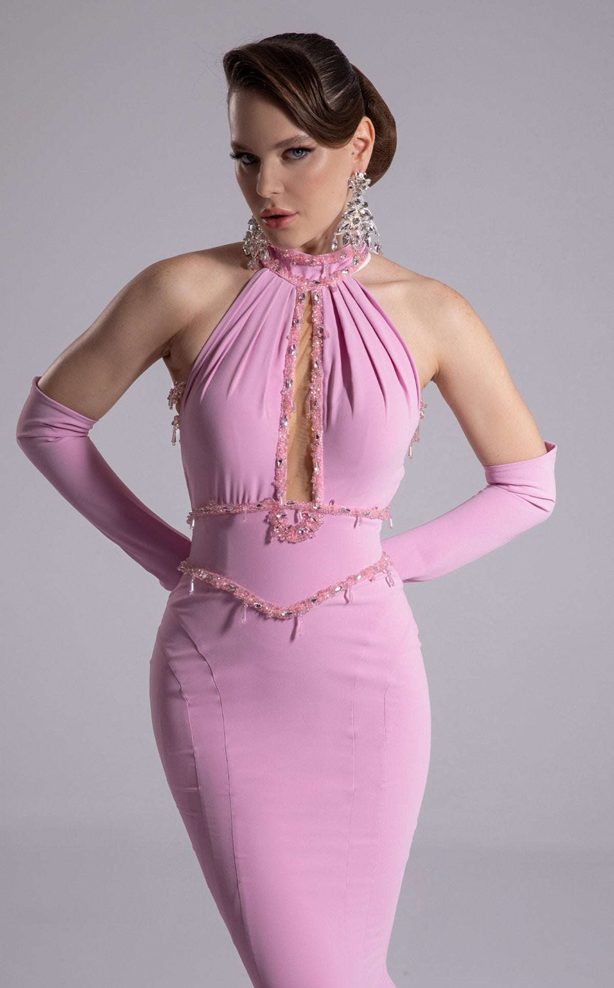 Fouad Sarkis F02903 Blush Pink Halter Mermaid Gown with Crystal Detail