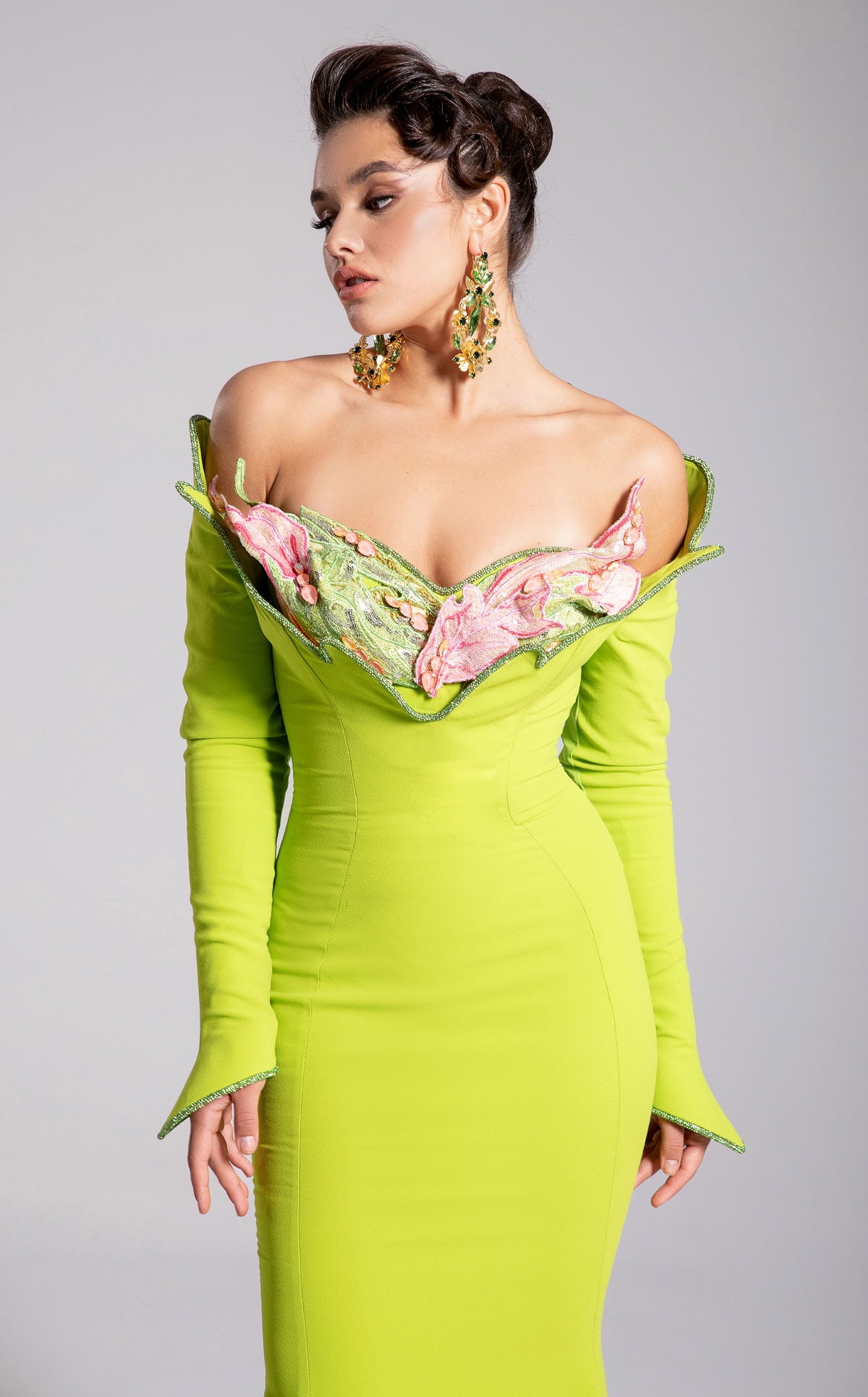 Fouad Sarkis F02908 Neon Lime Off-Shoulder Floral Mermaid Gown