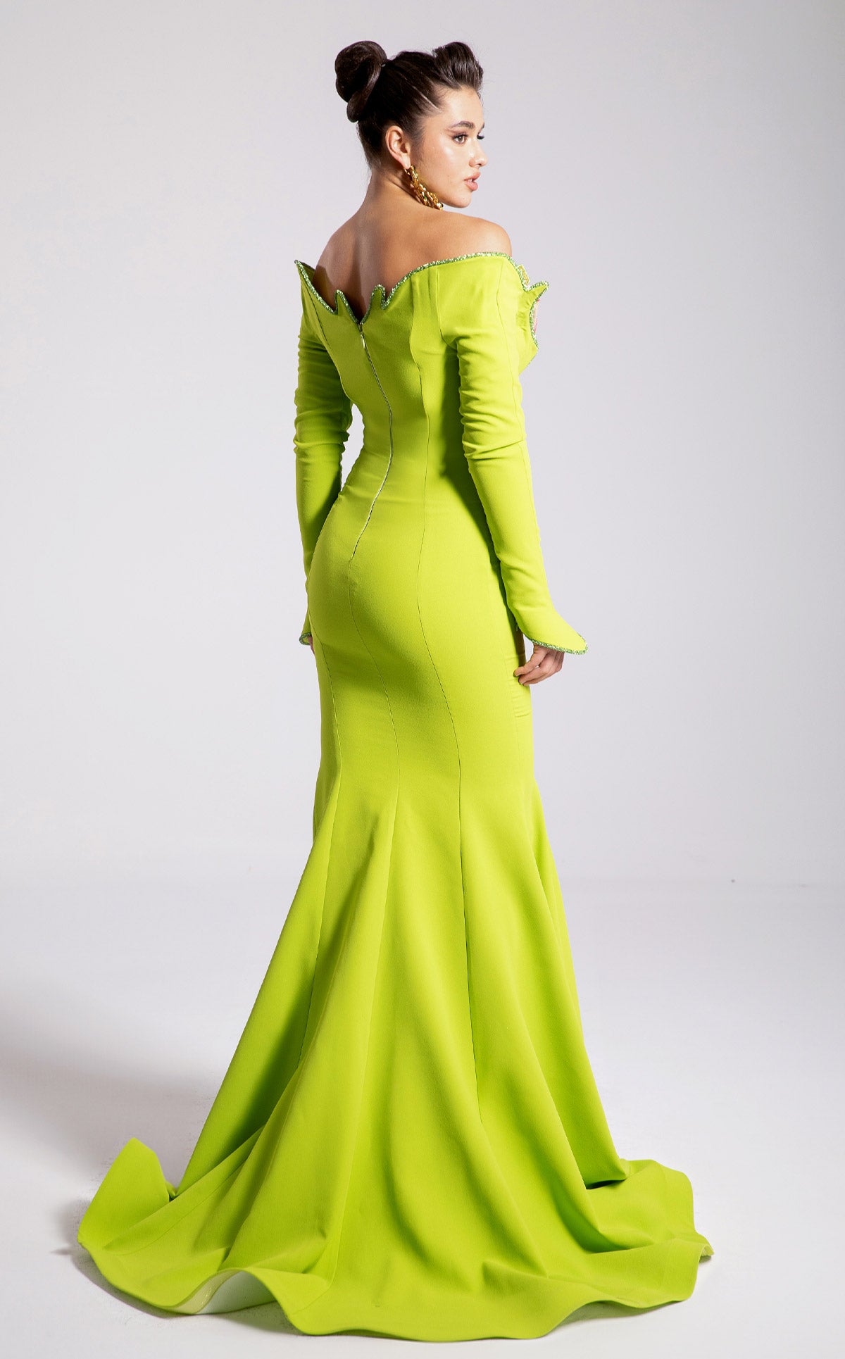 Fouad Sarkis F02908 Neon Lime Off-Shoulder Floral Mermaid Gown