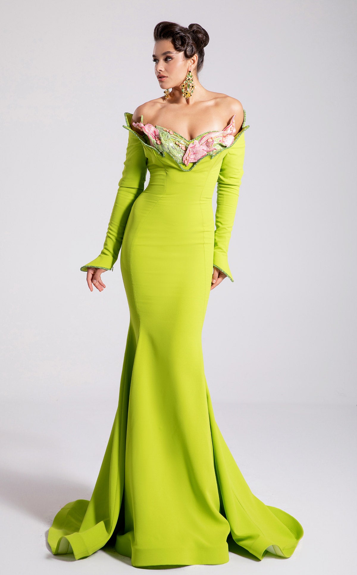 Fouad Sarkis F02908 Neon Lime Off-Shoulder Floral Mermaid Gown