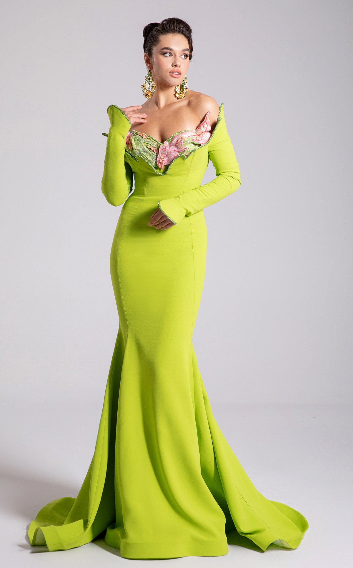 Fouad Sarkis F02908 Neon Lime Off-Shoulder Floral Mermaid Gown
