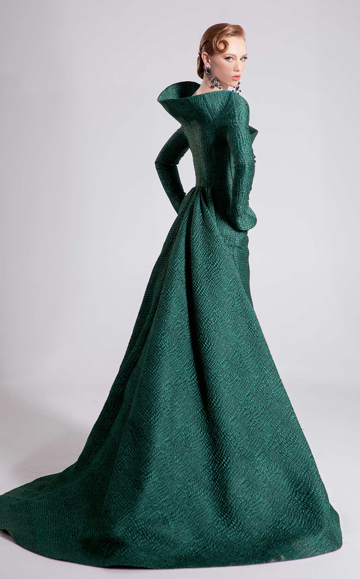 Fouad Sarkis F02910A Emerald Jacquard Gown with Train