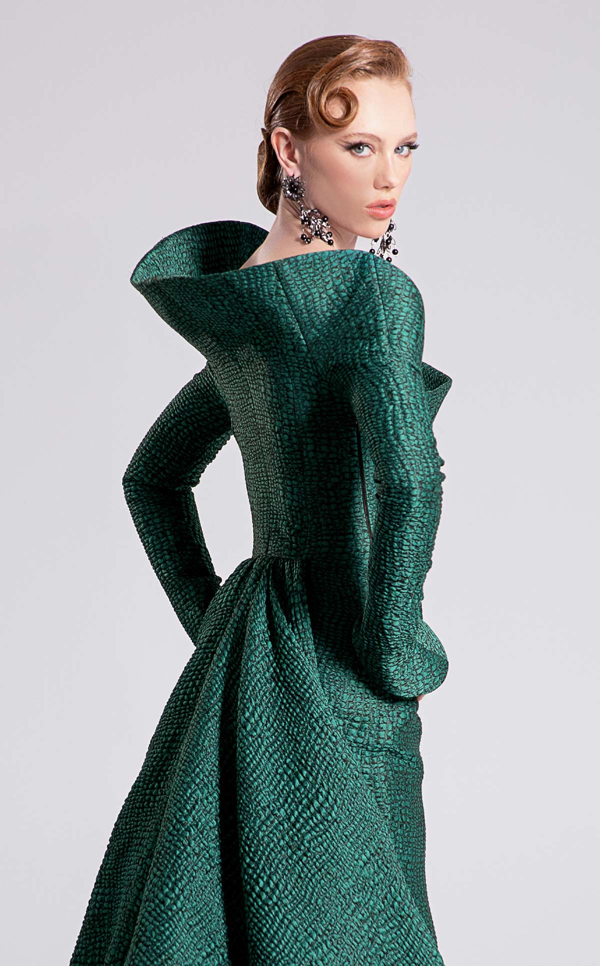 Fouad Sarkis F02910A Emerald Jacquard Gown with Train