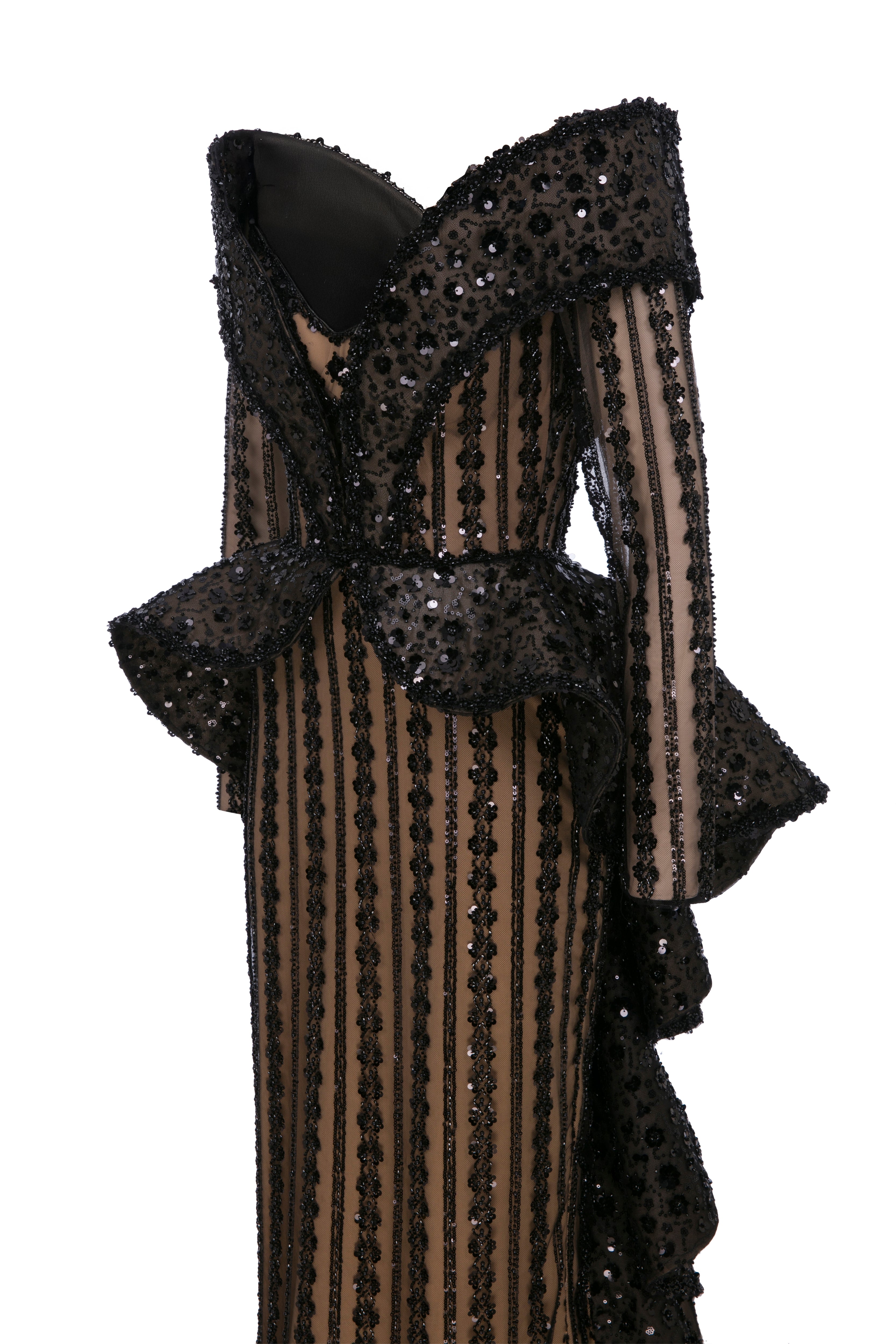 Fouad Sarkis F02930 Nude Black Lace Peplum Gown