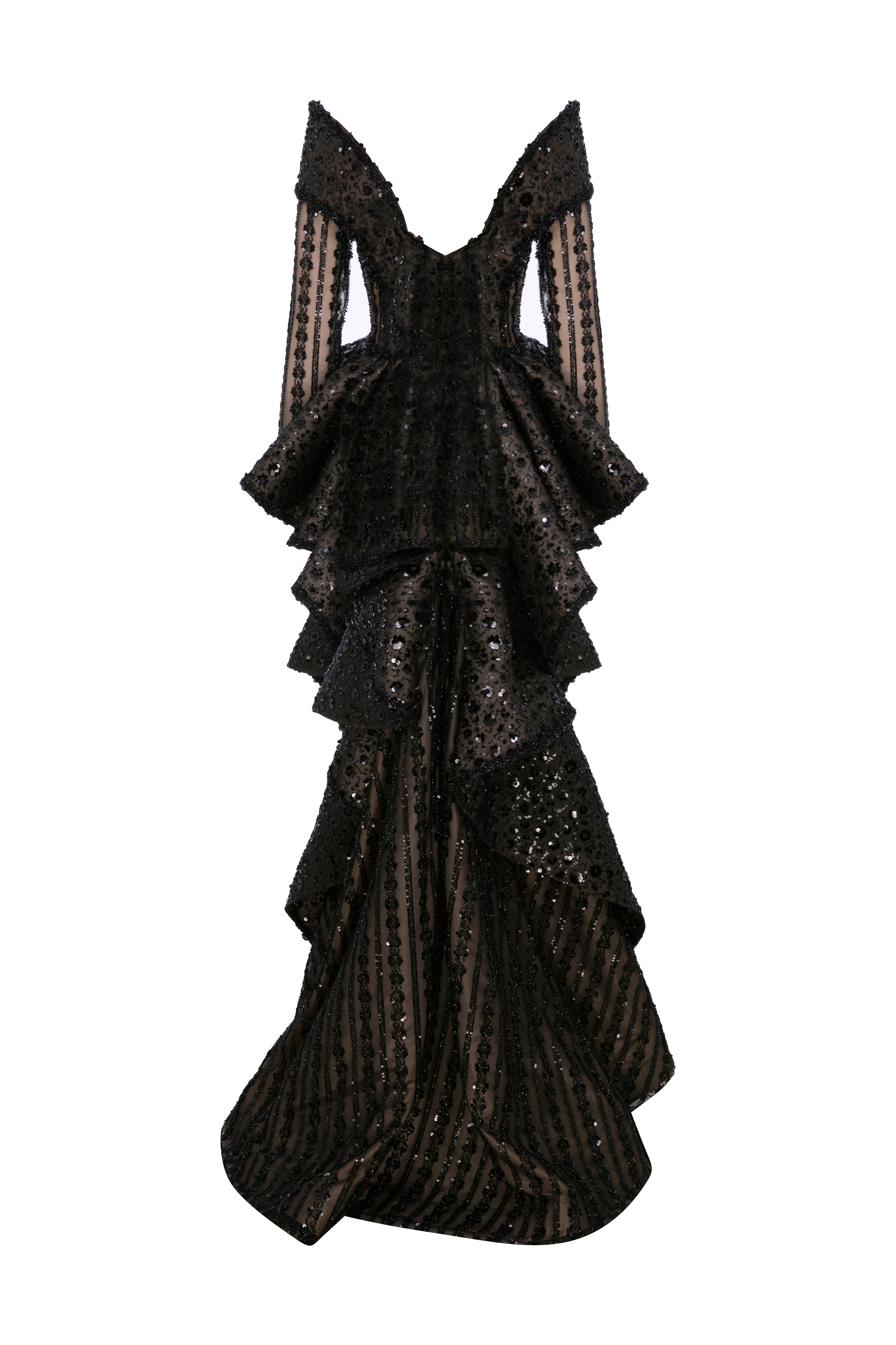 Fouad Sarkis F02930 Nude Black Lace Peplum Gown