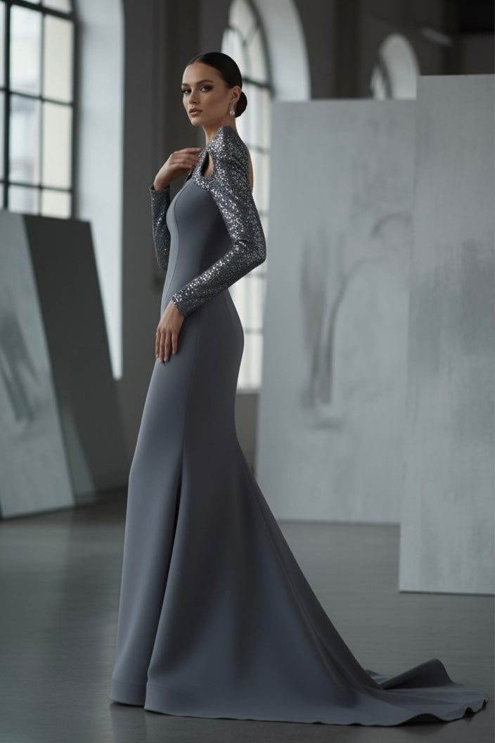 Fouad Sarkis F02942A Blush Sequin Sleeve Mermaid Gown