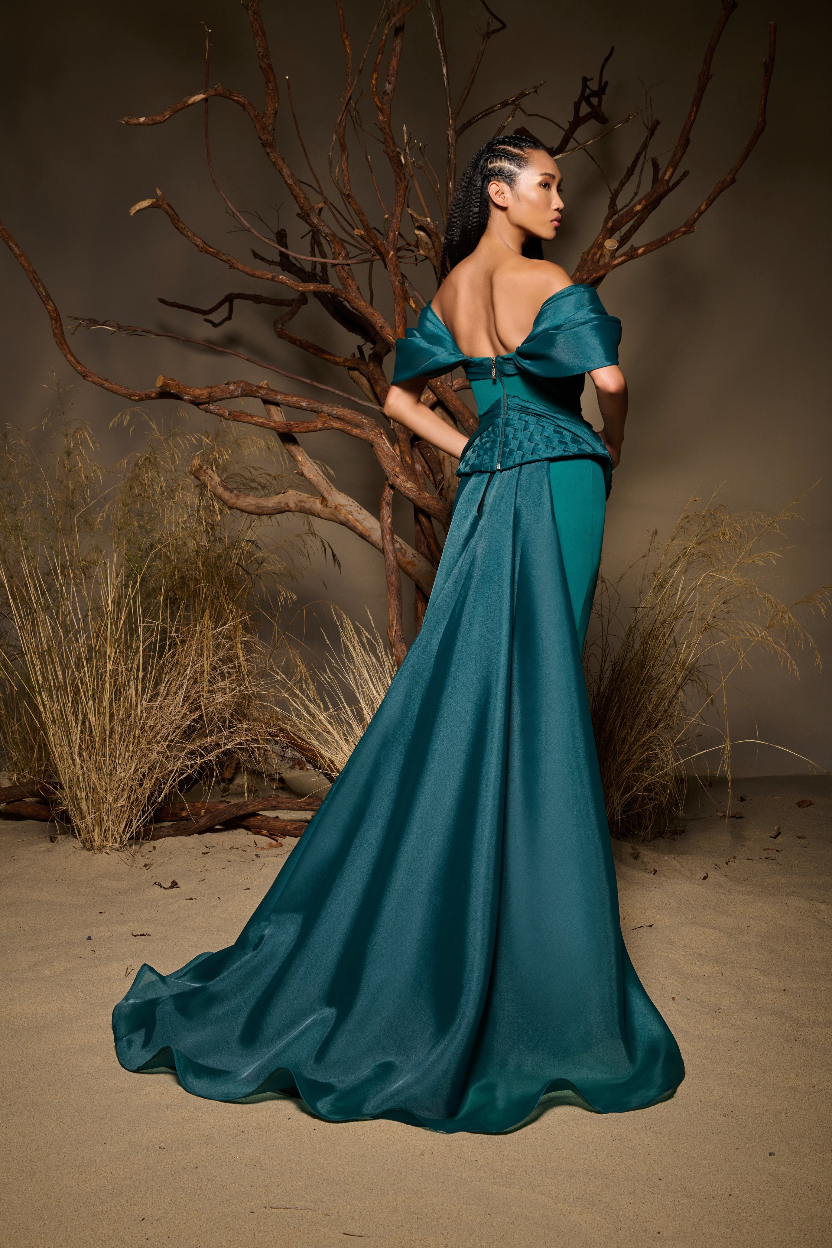 Fouad Sarkis F02943 Crepe Organza Corseted Train Gown
