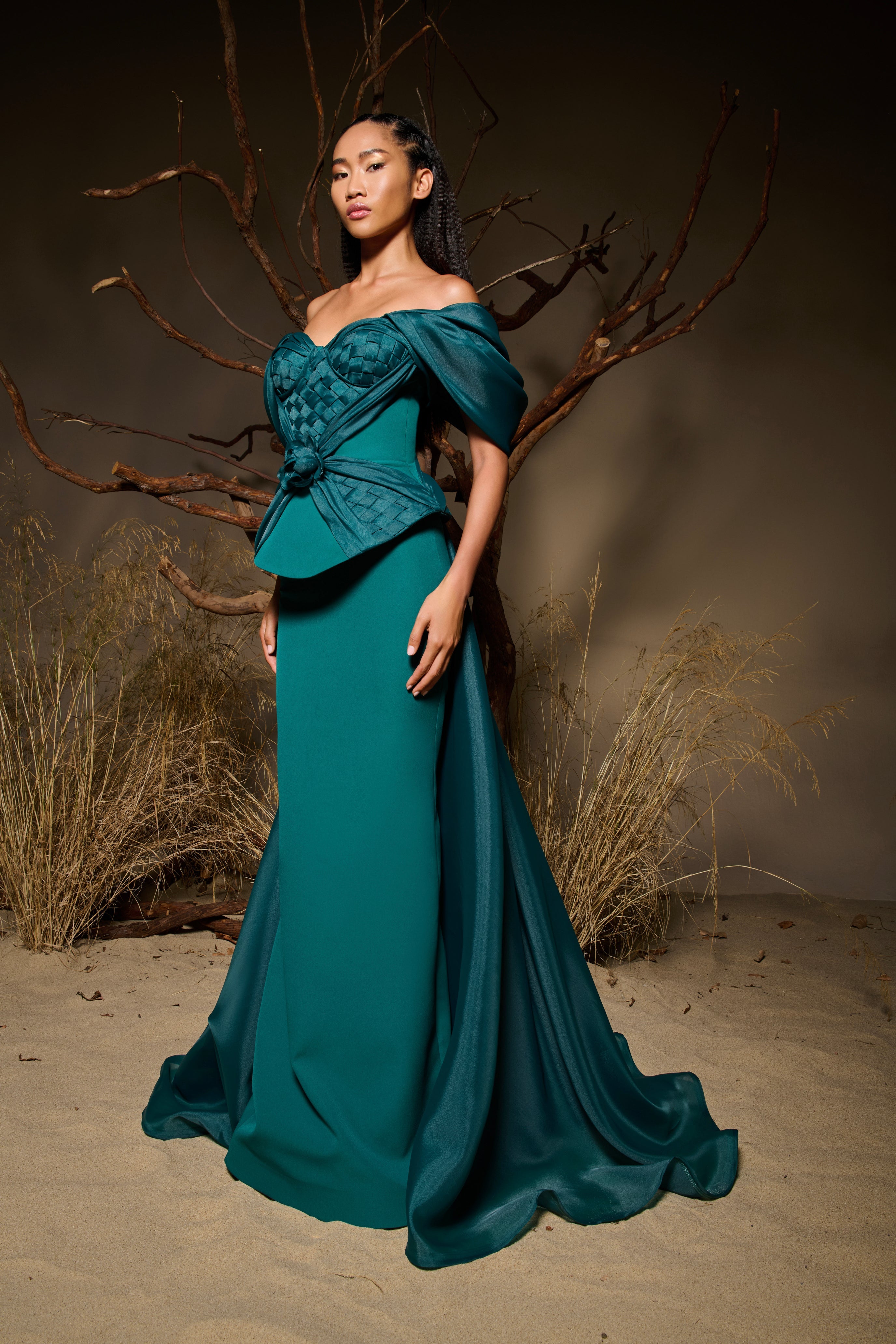 Fouad Sarkis F02943 Crepe Organza Corseted Train Gown