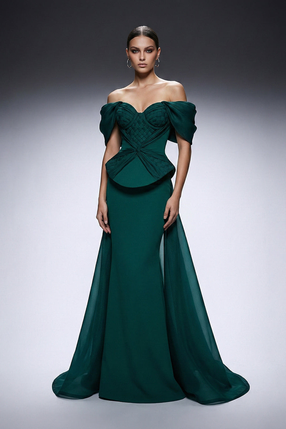 Fouad Sarkis F02943 Crepe Organza Corseted Train Gown