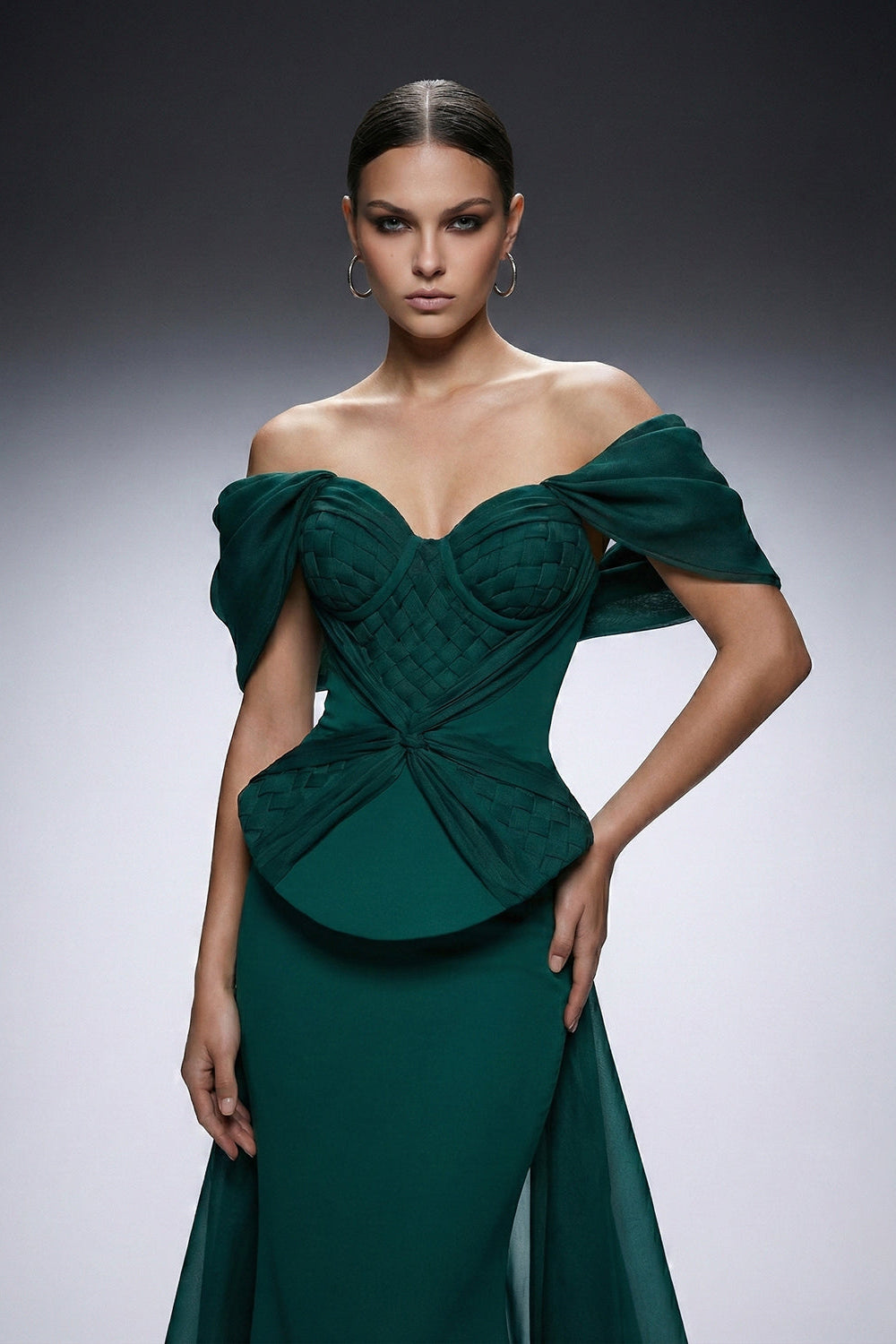 Fouad Sarkis F02943 Crepe Organza Corseted Train Gown