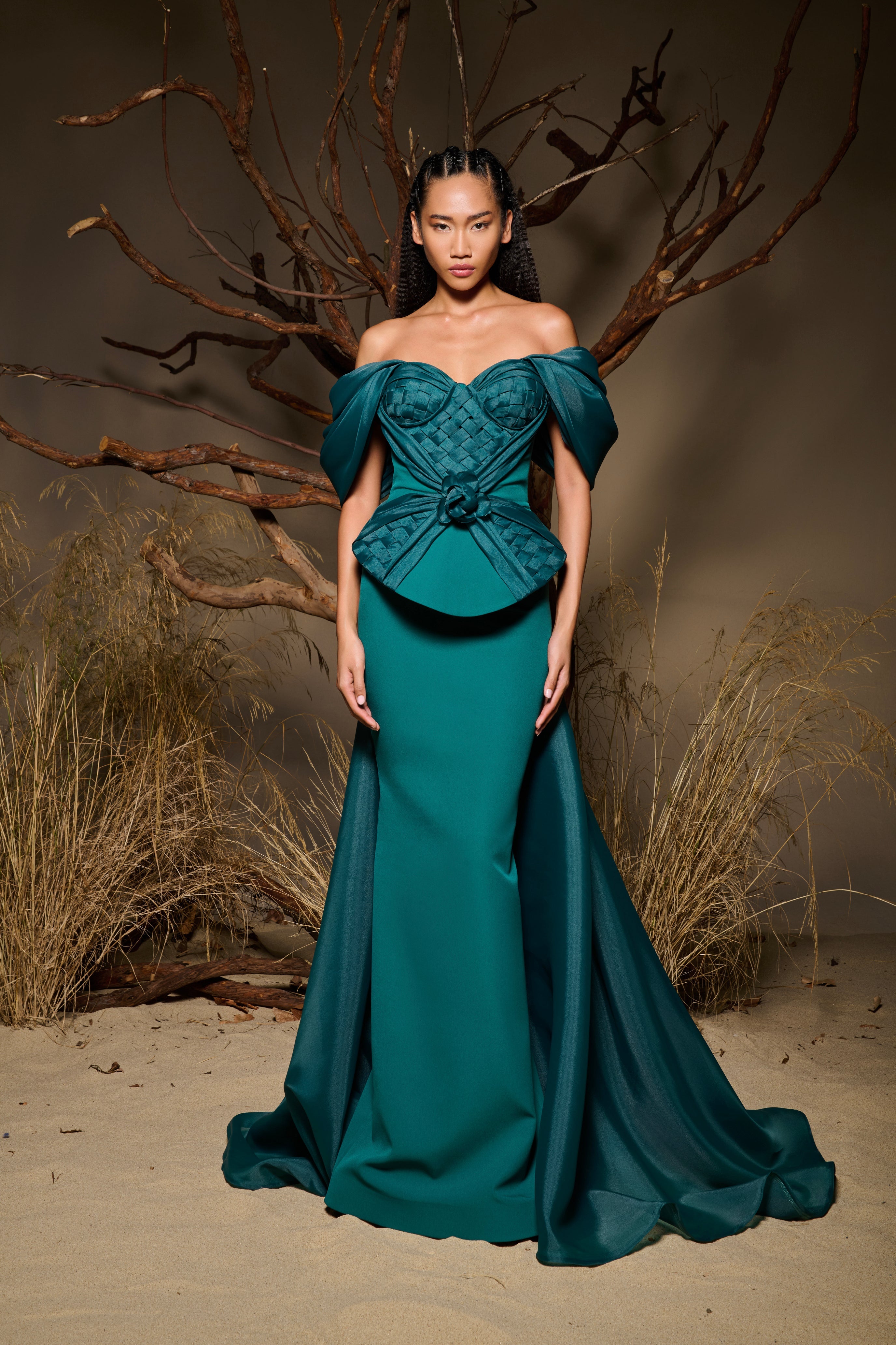 Fouad Sarkis F02943 Crepe Organza Corseted Train Gown