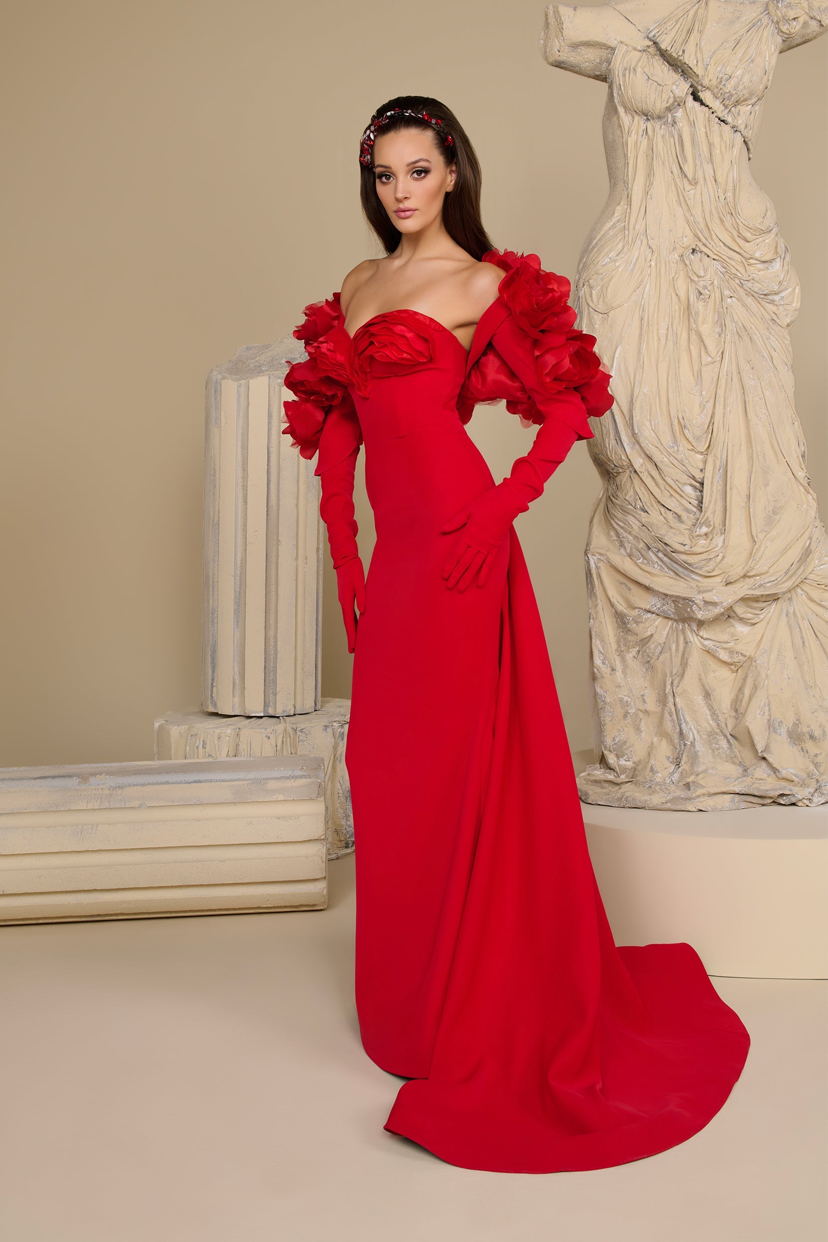 Fouad Sarkis F02944 Organza Ruffle Detachable Bolero Gown