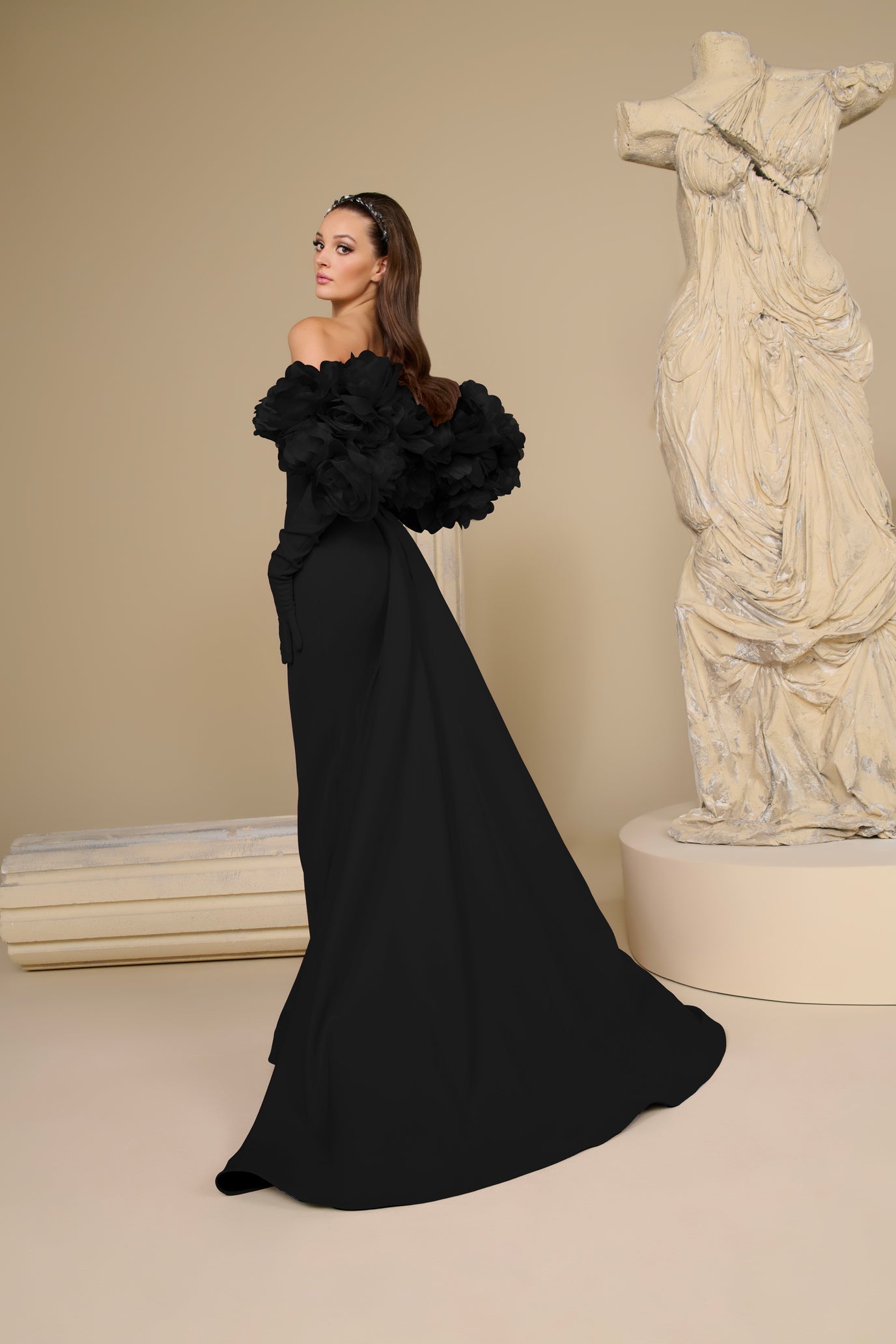 Fouad Sarkis F02944 Organza Ruffle Detachable Bolero Gown