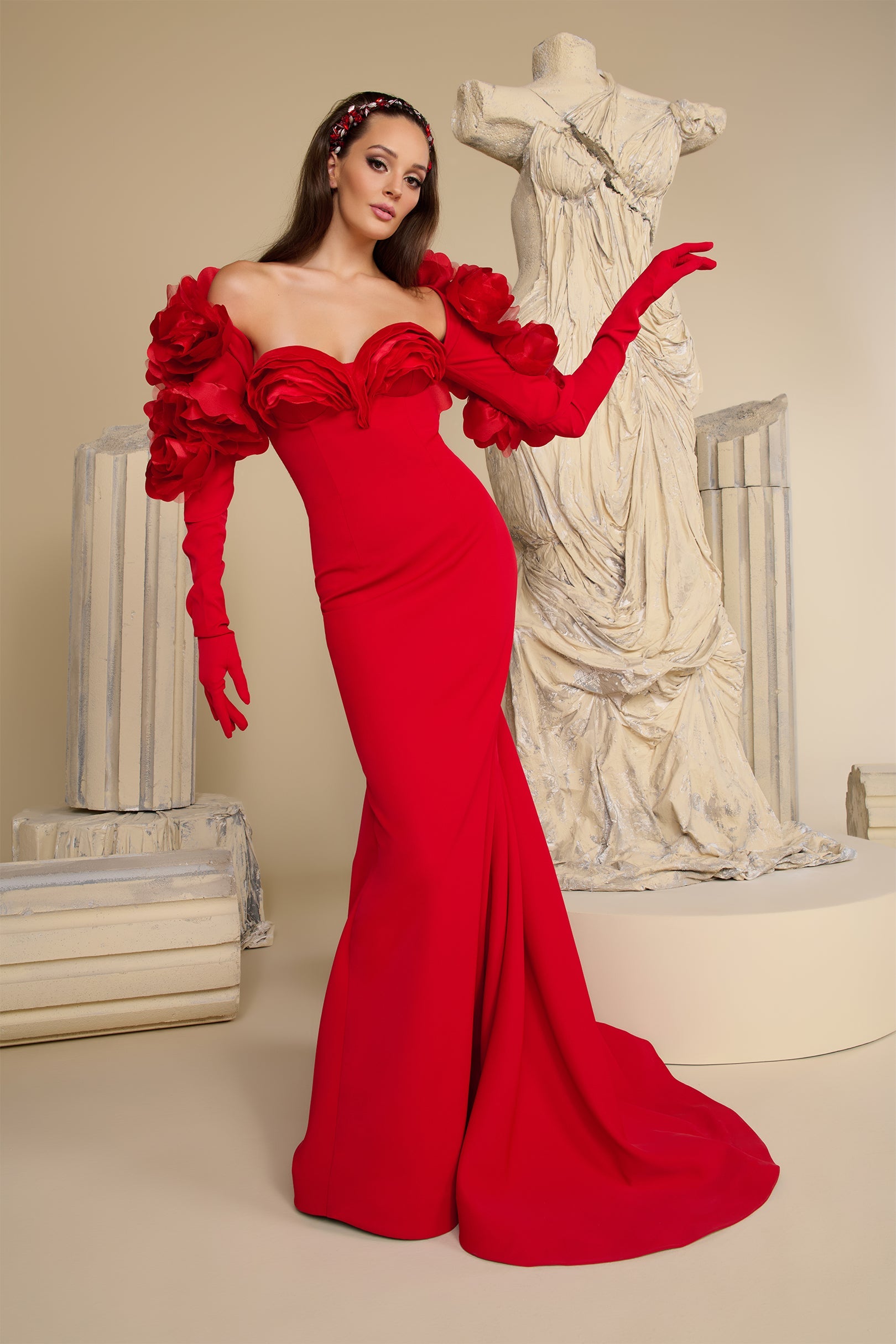 Fouad Sarkis F02944 Organza Ruffle Detachable Bolero Gown