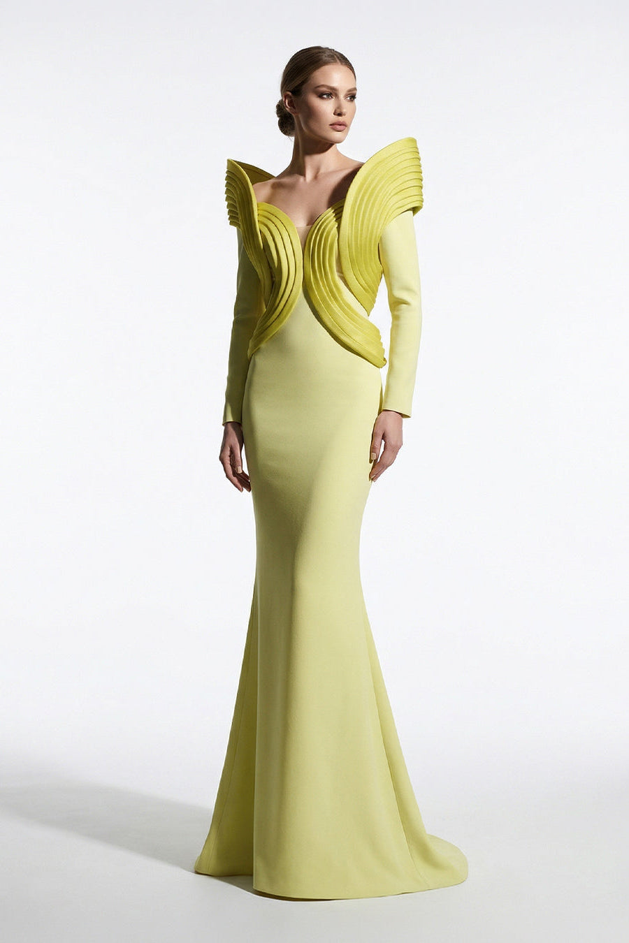 Fouad Sarkis F02945 Matte Crepe Organza Wing Gown
