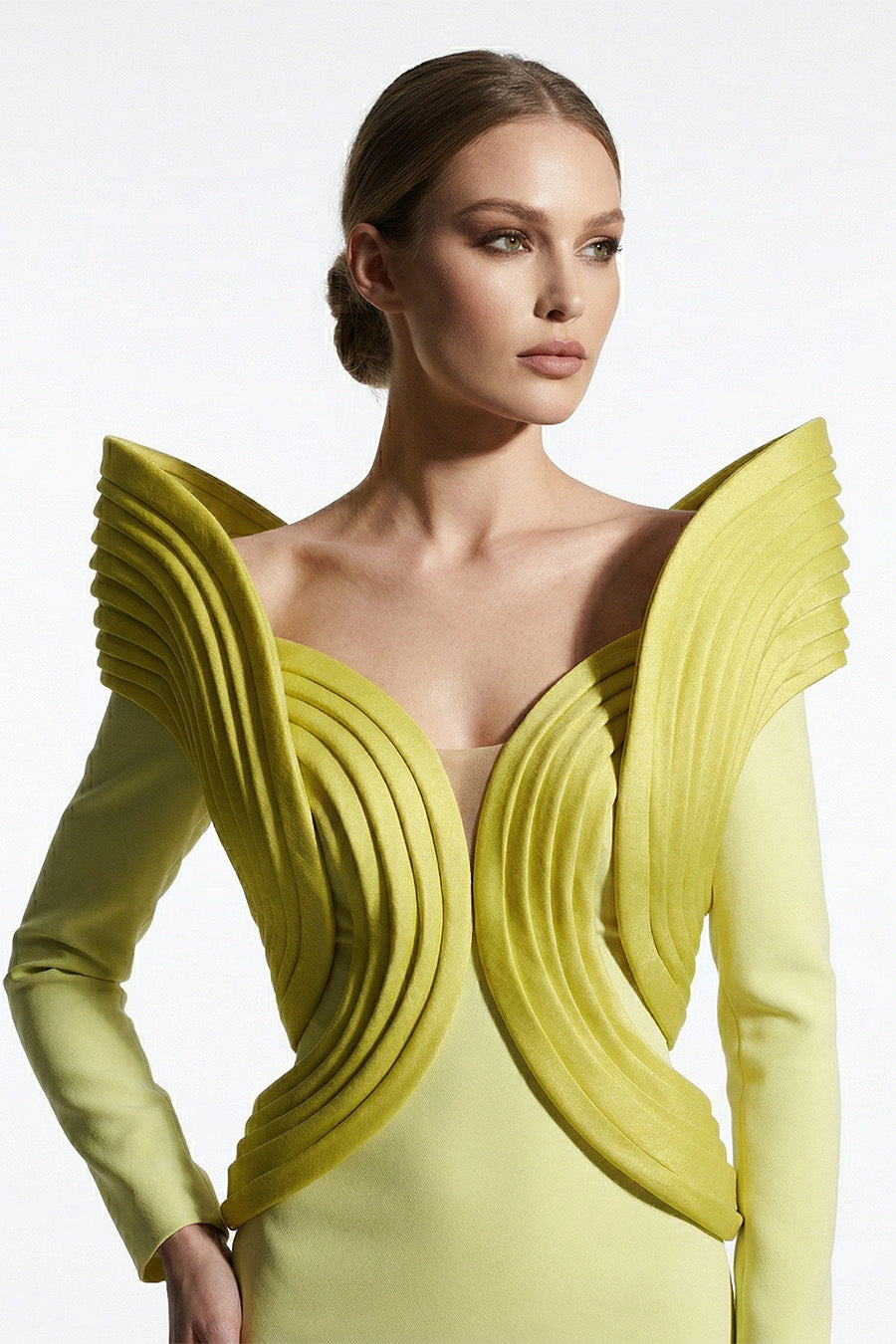 Fouad Sarkis F02945 Matte Crepe Organza Wing Gown