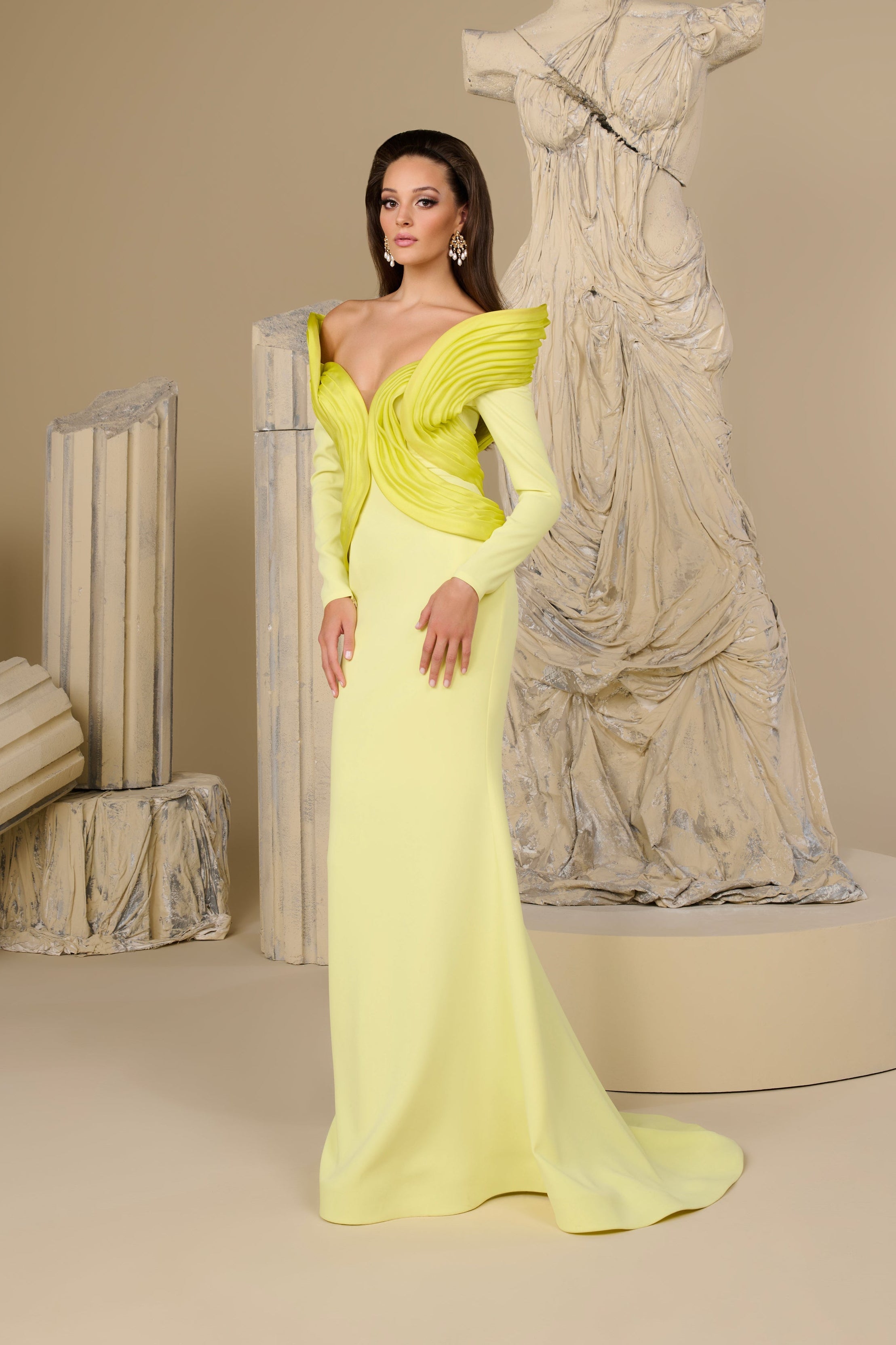 Fouad Sarkis F02945 Matte Crepe Organza Wing Gown