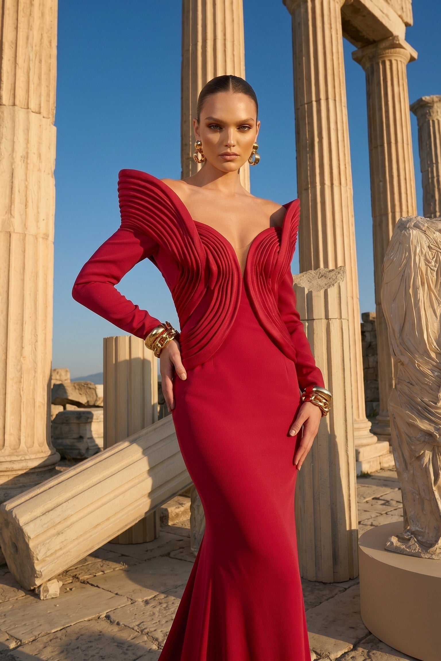 Fouad Sarkis F02945 Matte Crepe Organza Wing Gown
