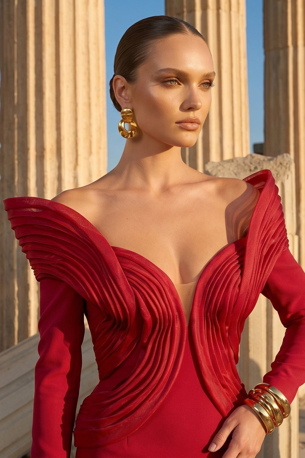 Fouad Sarkis F02945 Matte Crepe Organza Wing Gown