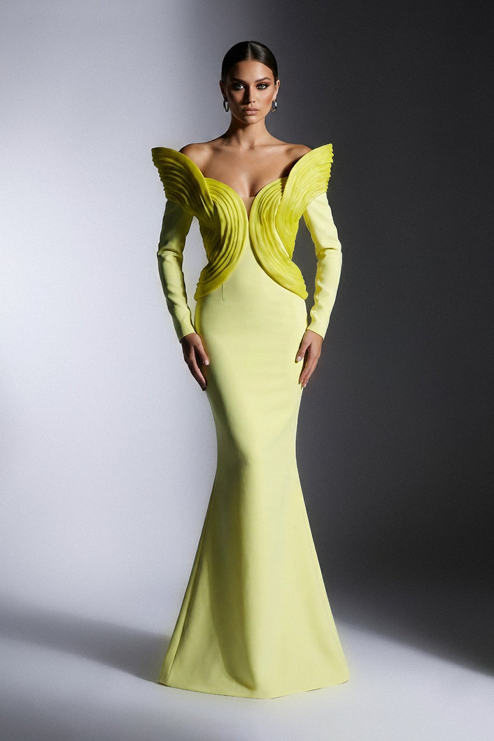 Fouad Sarkis F02945 Matte Crepe Organza Wing Gown