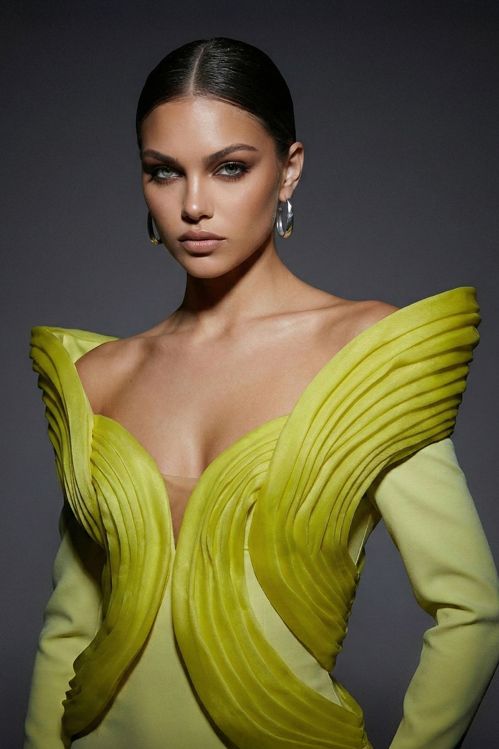 Fouad Sarkis F02945 Matte Crepe Organza Wing Gown