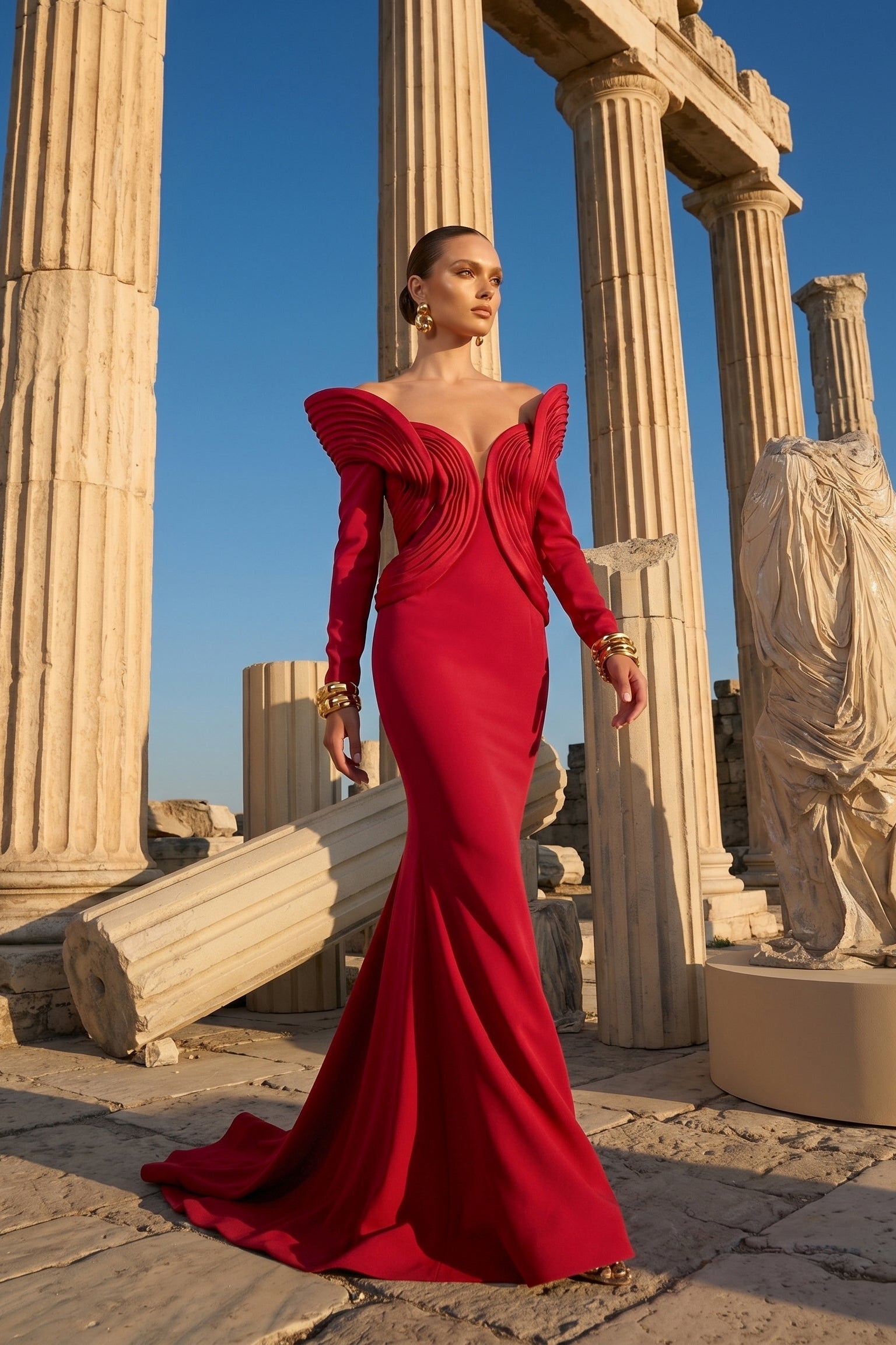 Fouad Sarkis F02945 Matte Crepe Organza Wing Gown