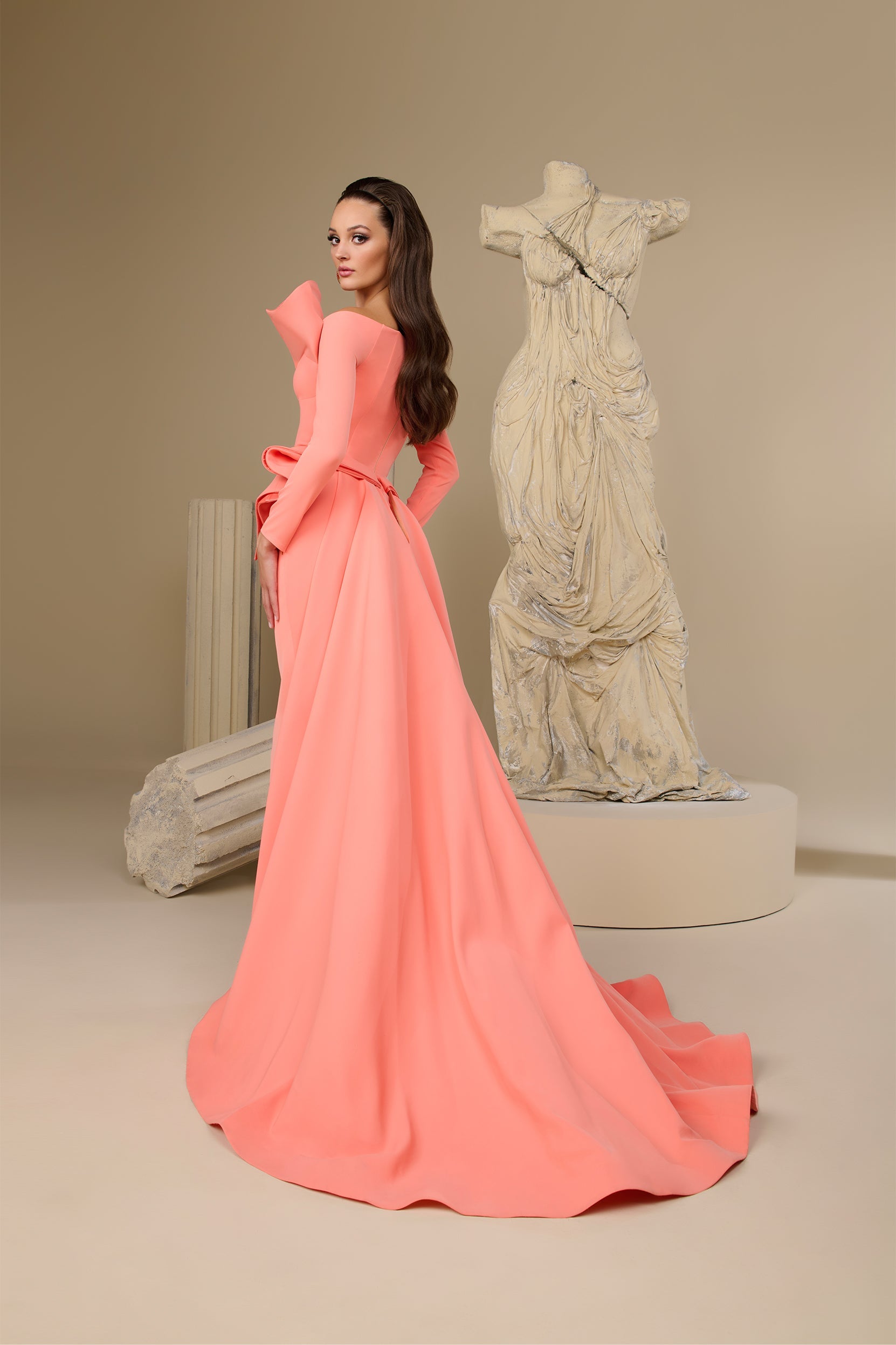 Fouad Sarkis F02947 Coral Sculptural Couture Gown