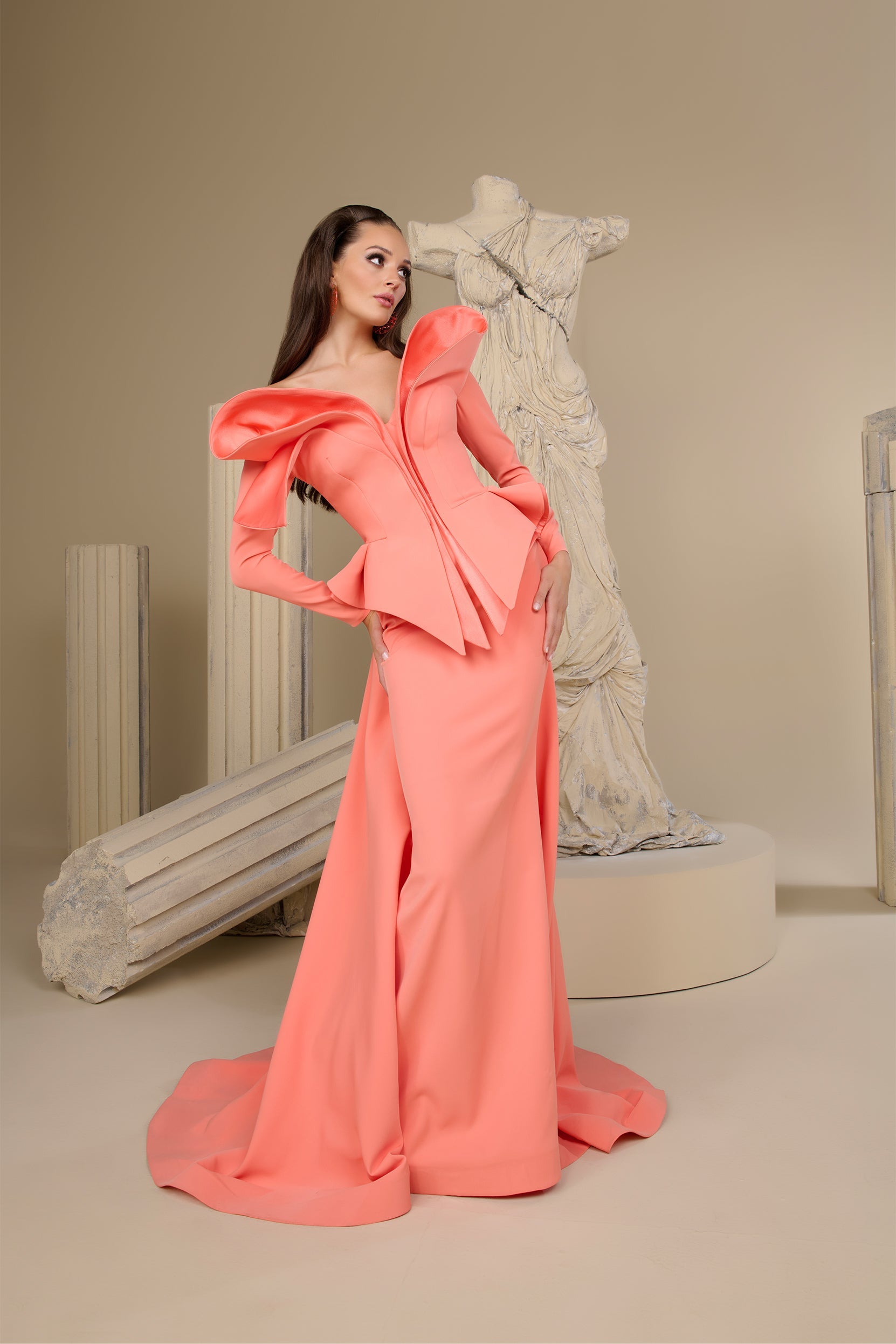 Fouad Sarkis F02947 Coral Sculptural Couture Gown