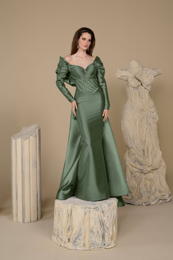 Fouad Sarkis F02948 Matte Satin Basket-Weave Corset Gown