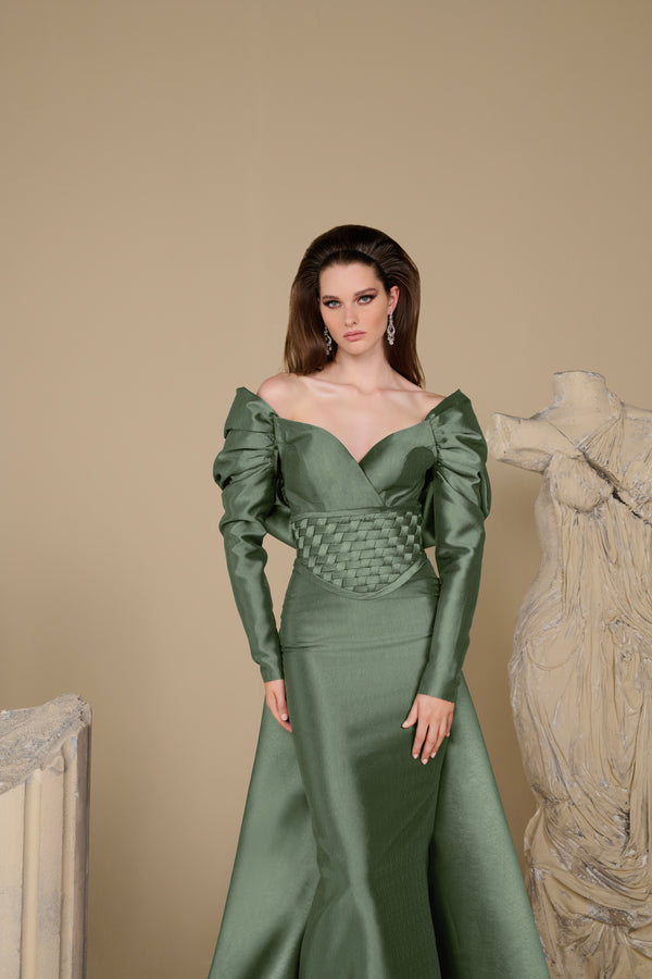 Fouad Sarkis F02948 Matte Satin Basket-Weave Corset Gown