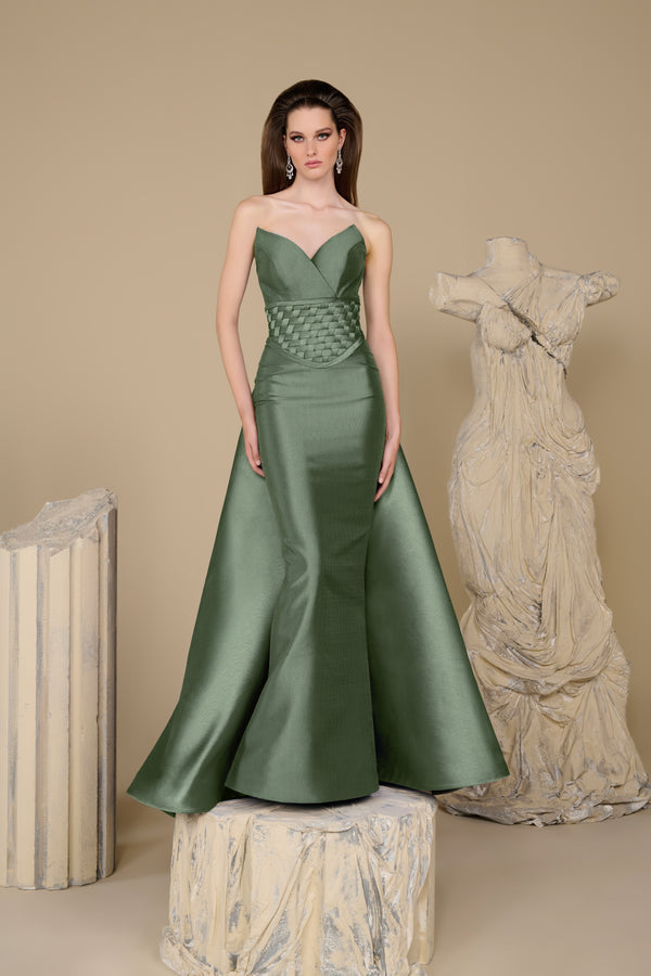Fouad Sarkis F02948 Matte Satin Basket-Weave Corset Gown
