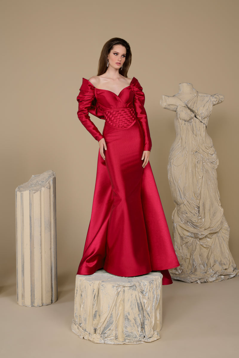 Fouad Sarkis F02948 Matte Satin Basket-Weave Corset Gown