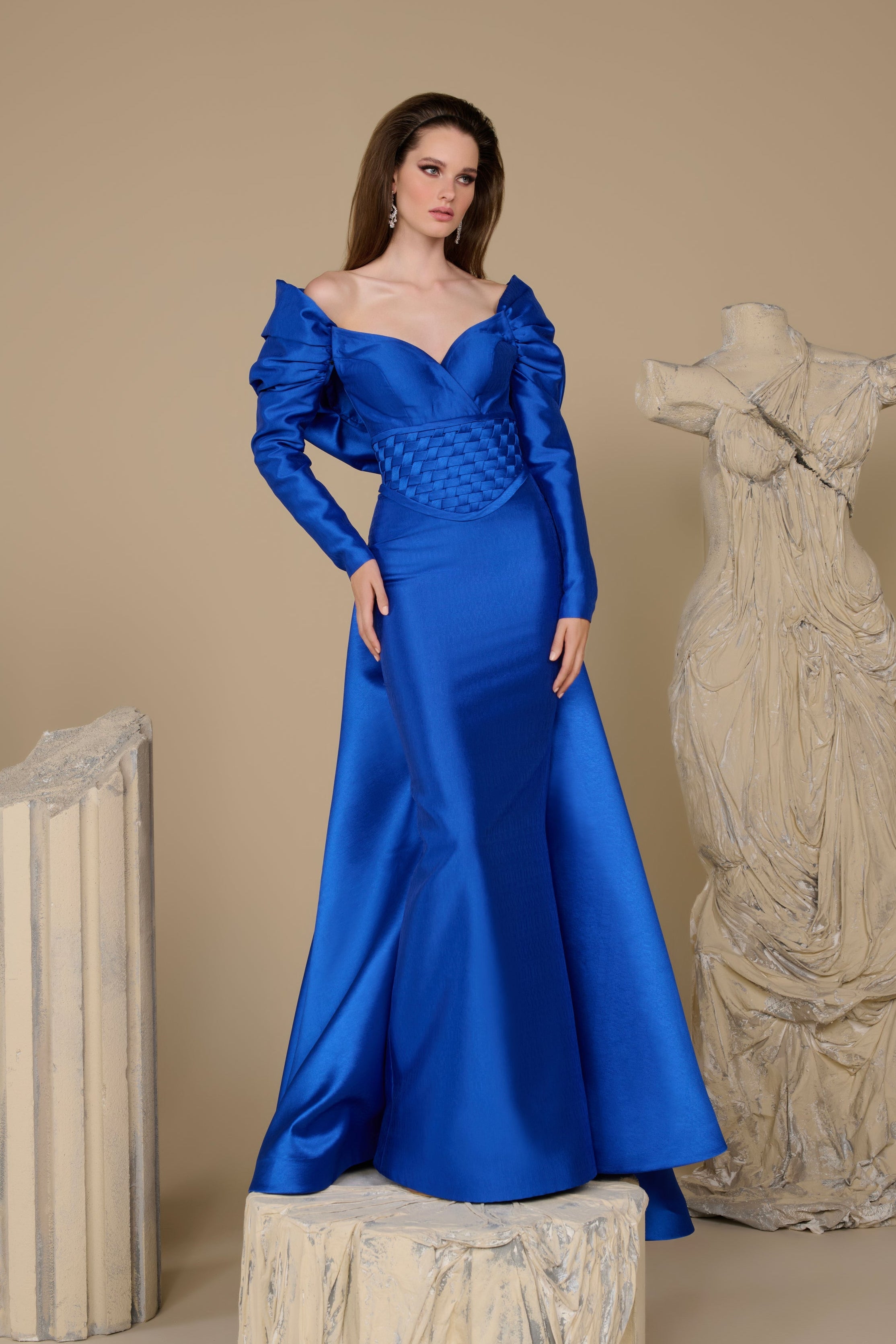 Fouad Sarkis F02948 Matte Satin Basket-Weave Corset Gown