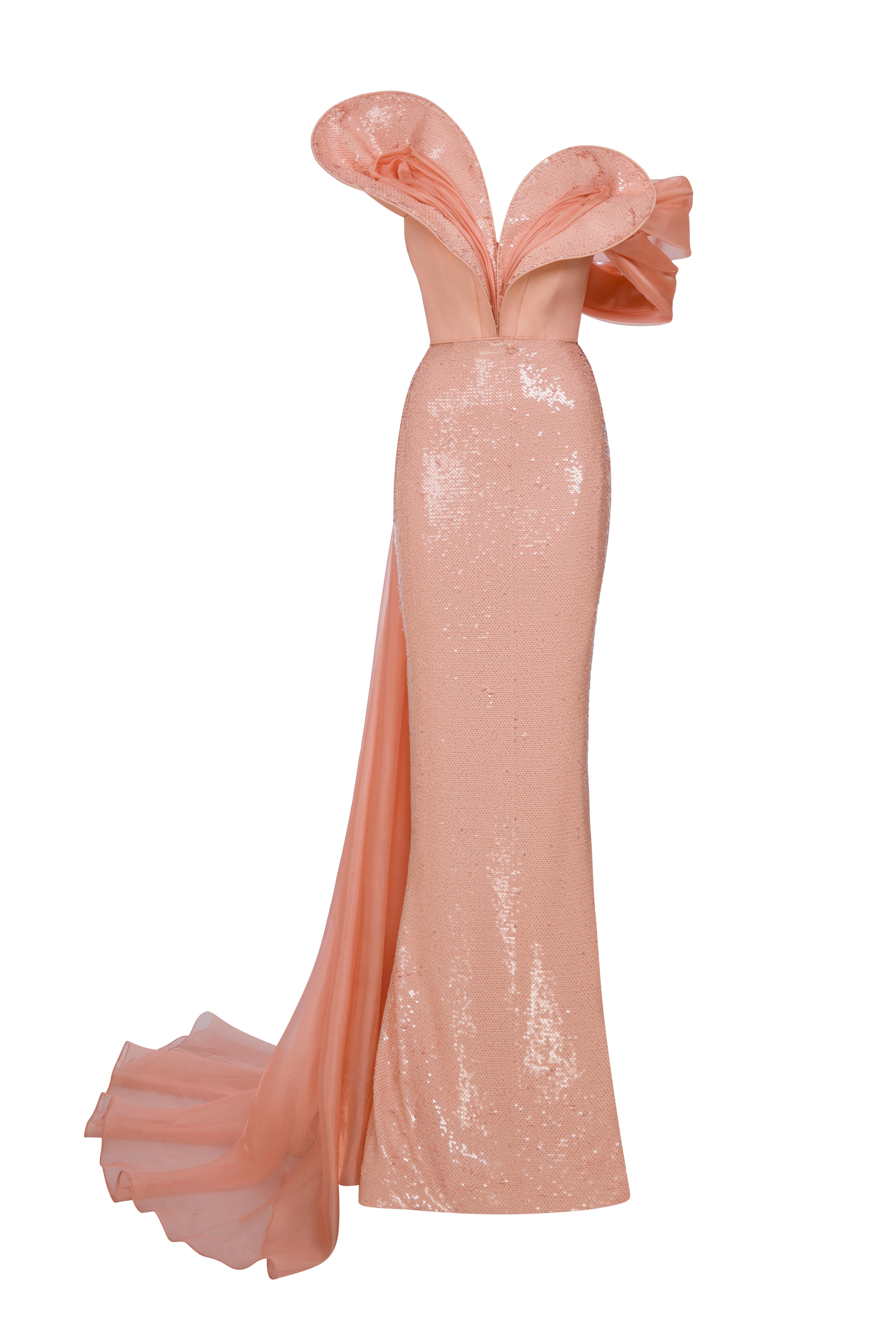Fouad Sarkis F02949 Salmon Sequin Chiffon Crepe Gown