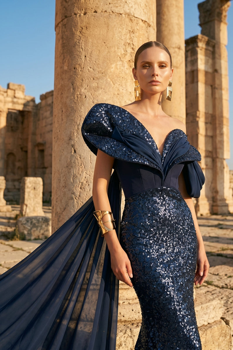 Fouad Sarkis F02949 Salmon Sequin Chiffon Crepe Gown
