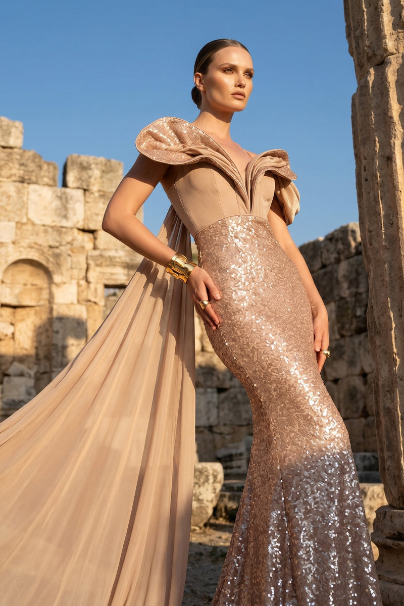 Fouad Sarkis F02949 Salmon Sequin Chiffon Crepe Gown