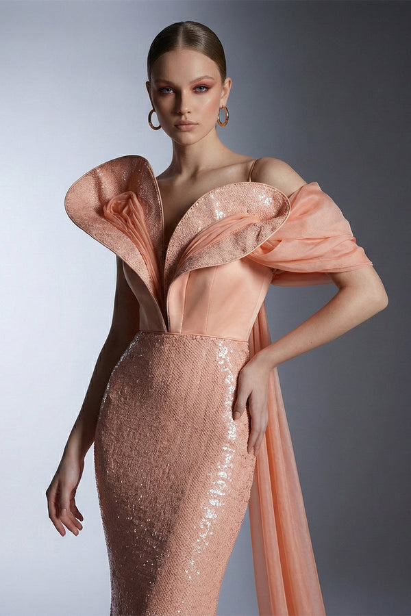 Fouad Sarkis F02949 Salmon Sequin Chiffon Crepe Gown