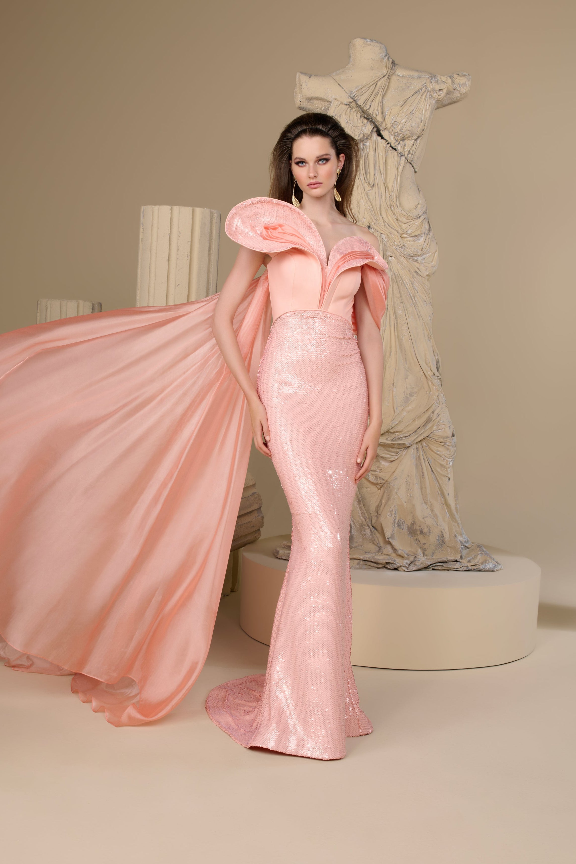 Fouad Sarkis F02949 Salmon Sequin Chiffon Crepe Gown